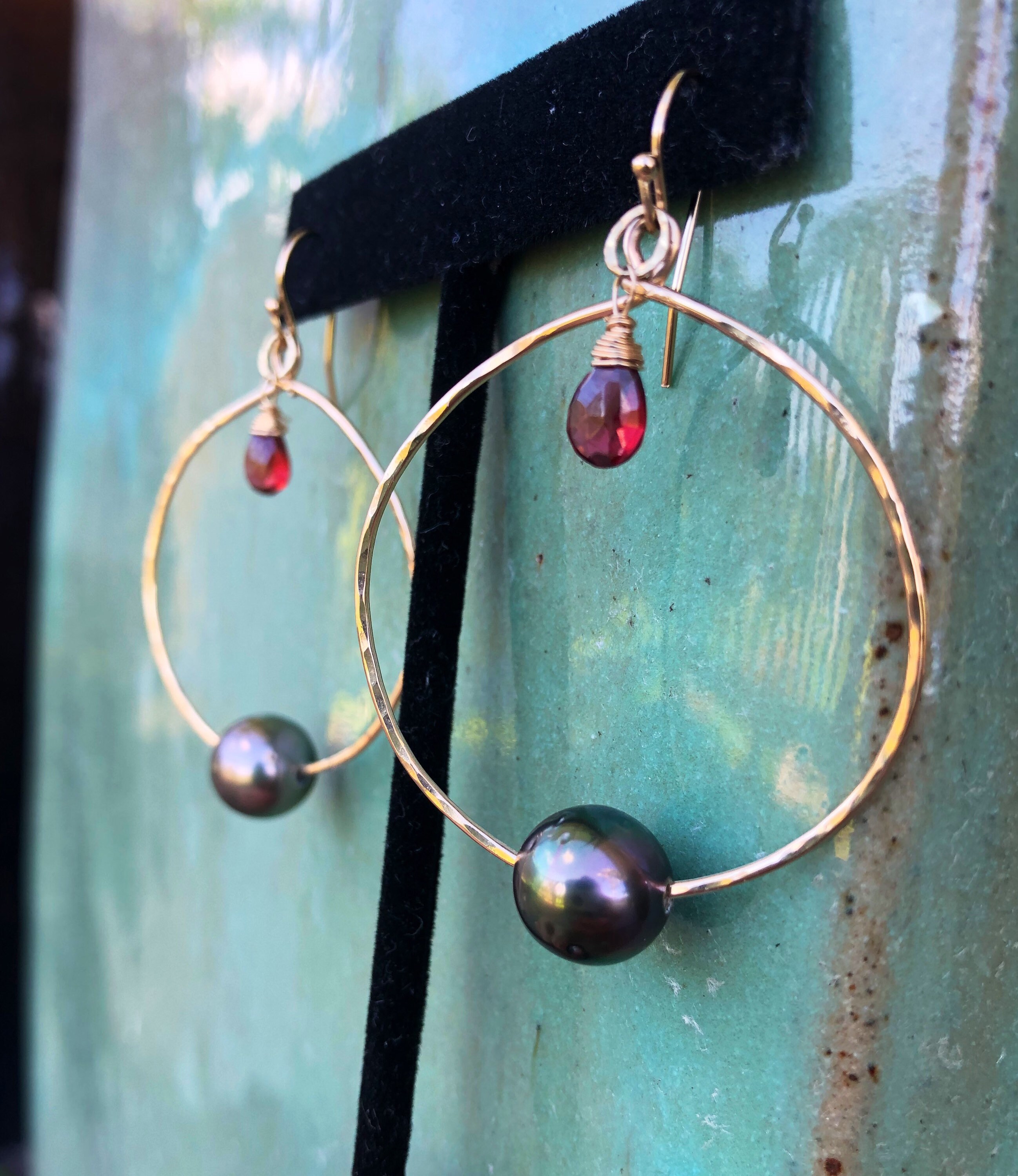 Tahitian Pearl Gold Hoops with Garnets