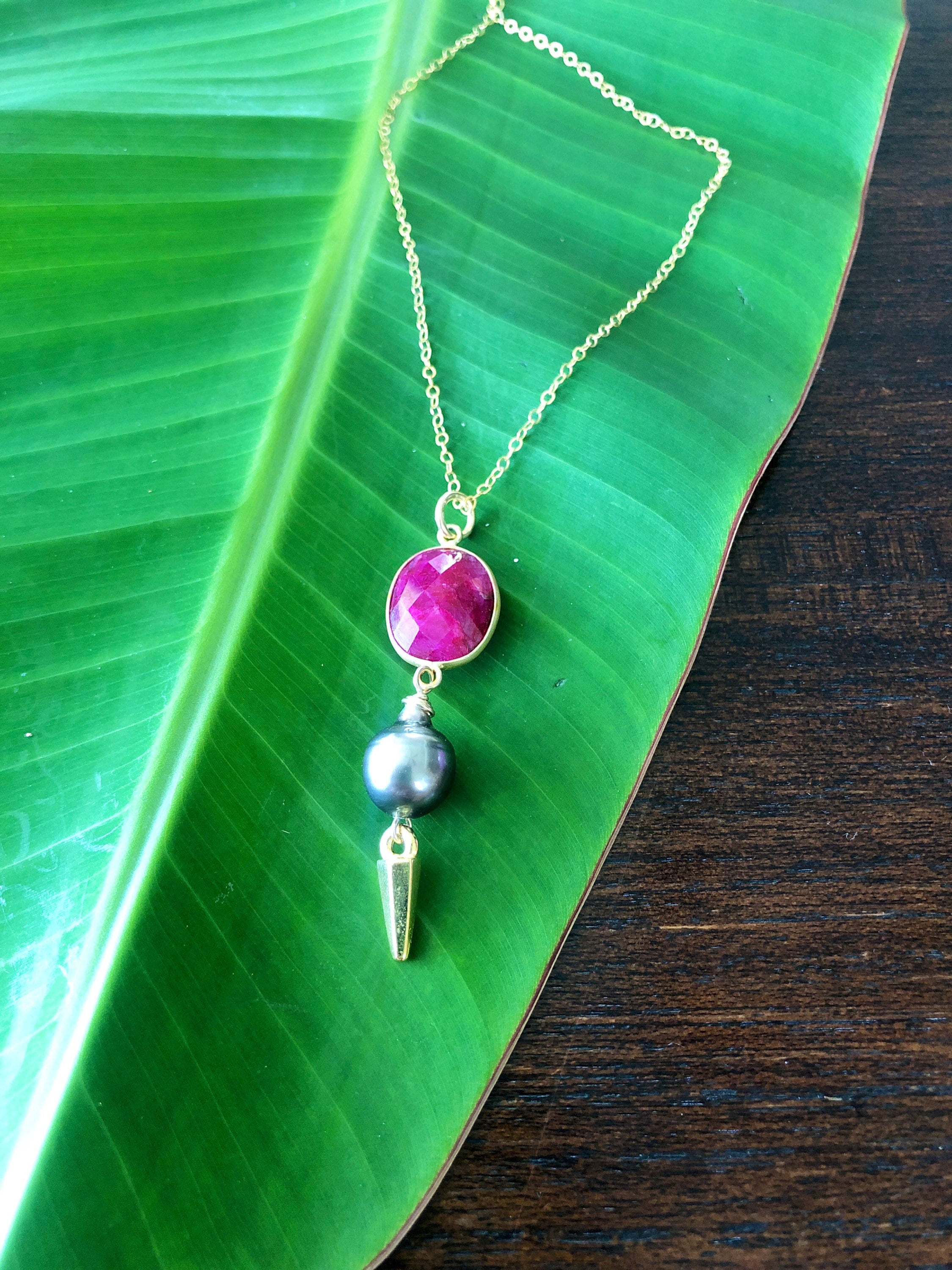 Tahitian Pearl, Ruby and Gold Spike Necklace