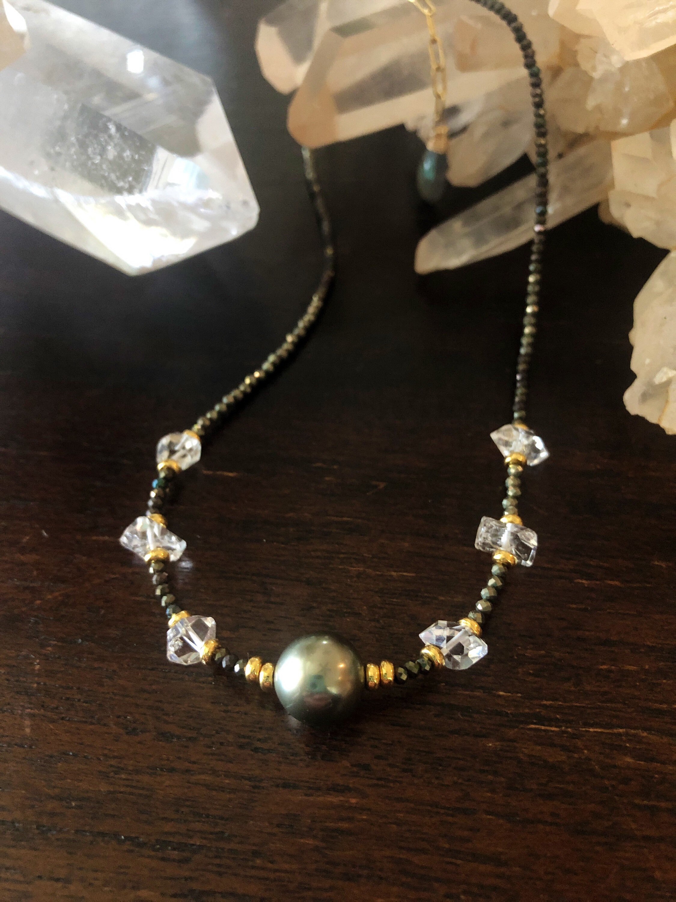 Tahitian Pearl and Herkimer Diamond Necklace