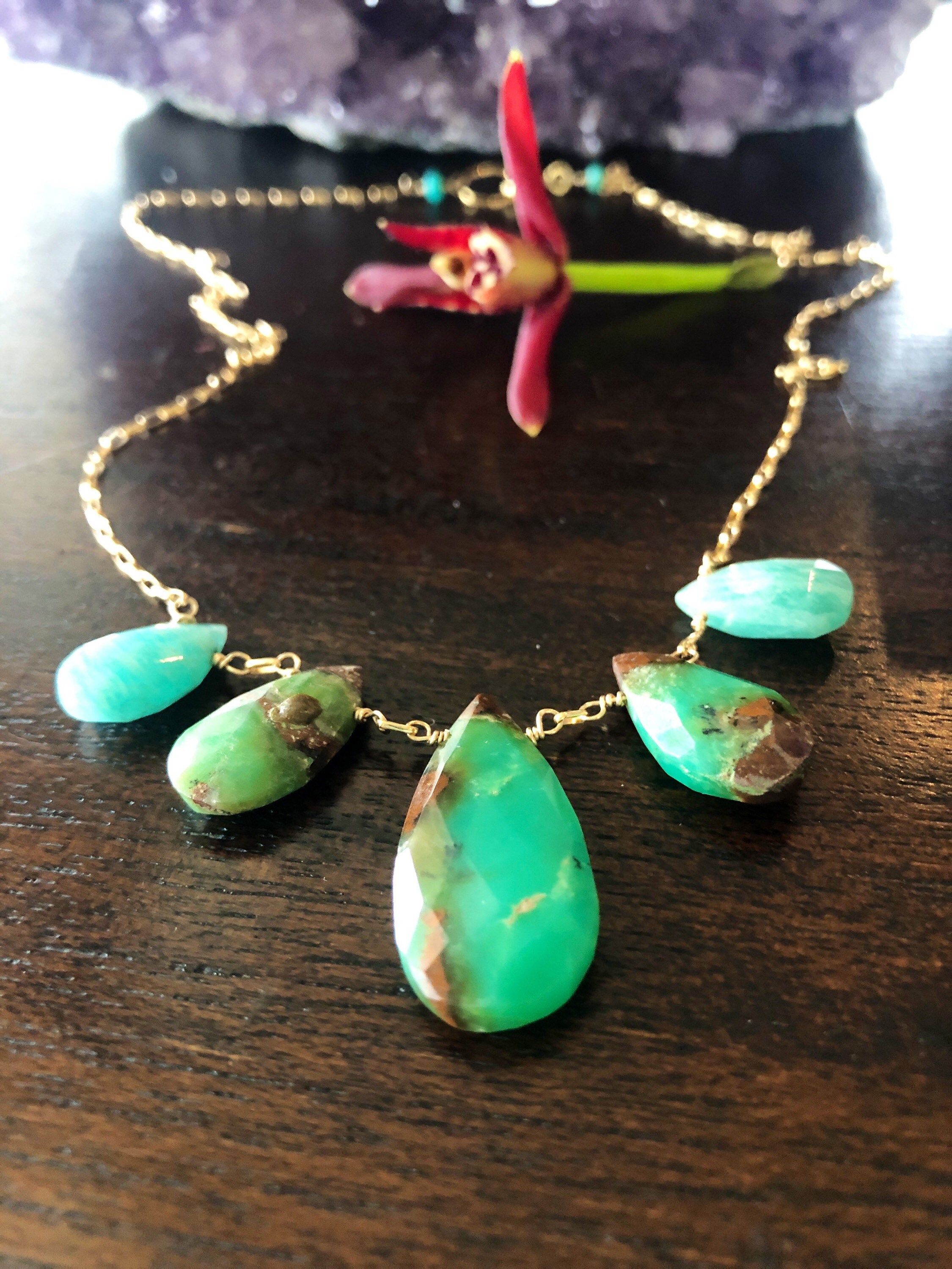 Chrysoprase and Amazonite Gemstone Necklace