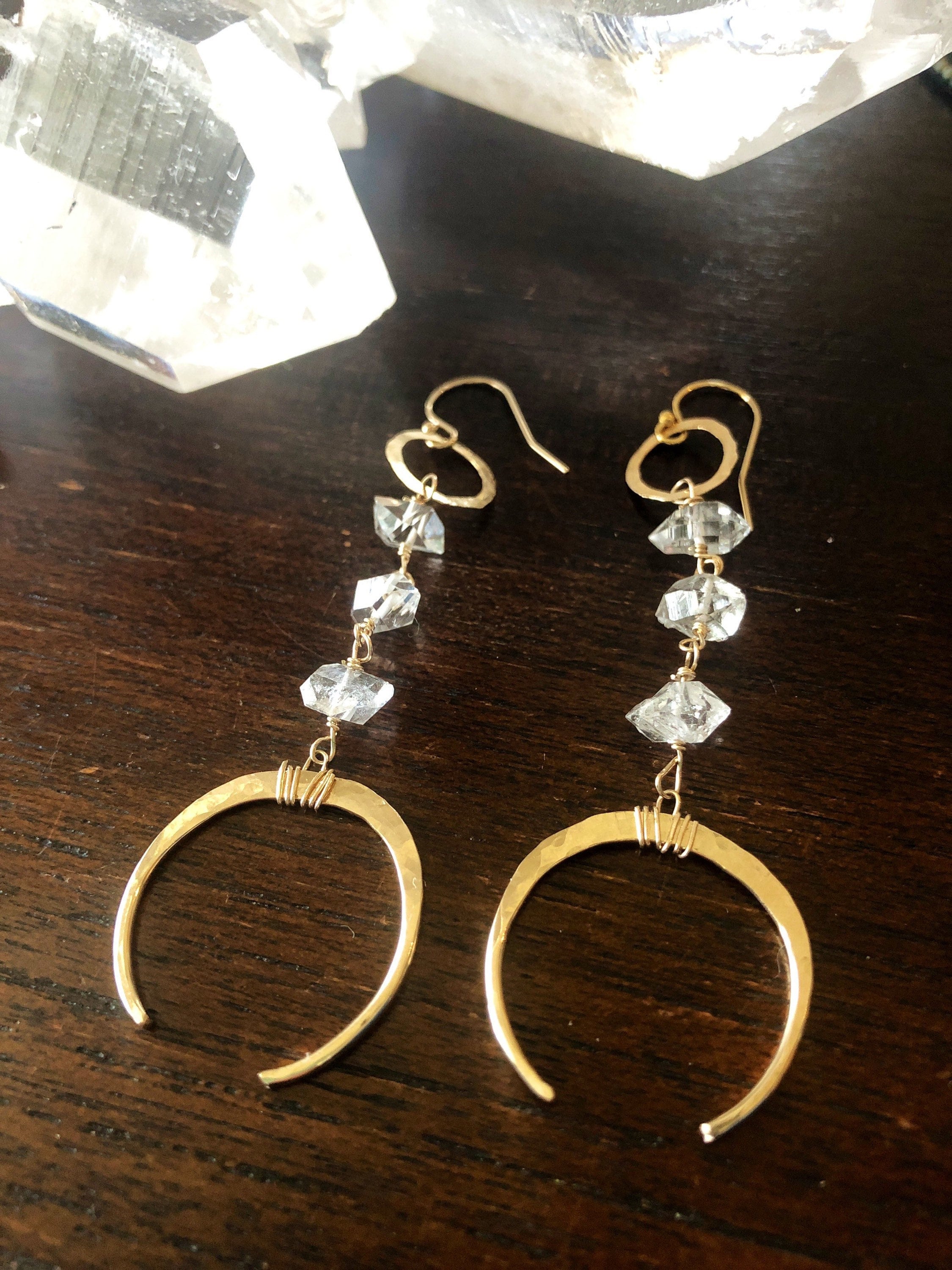 Crescent Moon Hammered Gold and Herkimer Diamond Earrings
