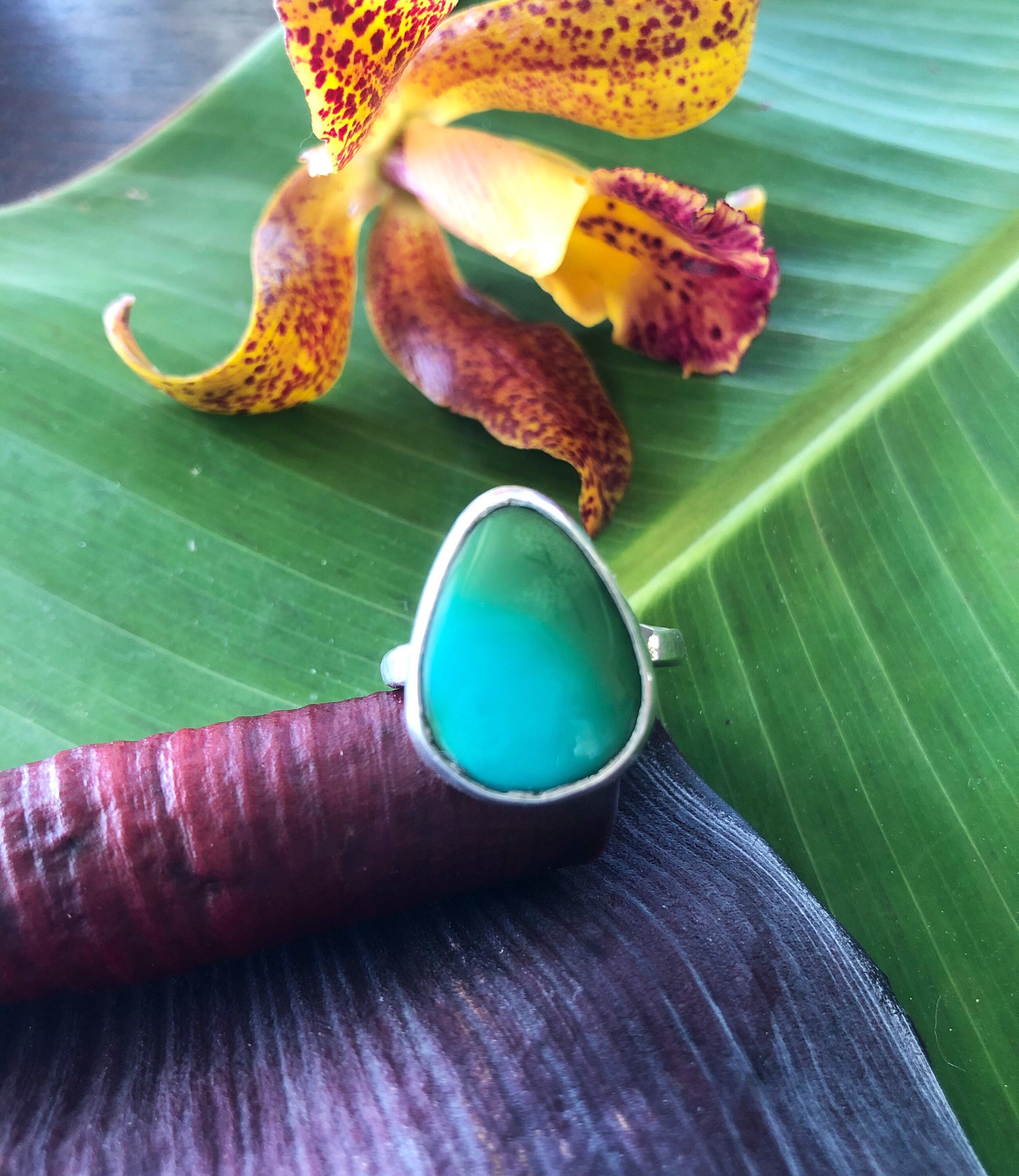 Blue Green Turquoise Silver Hammered Ring
