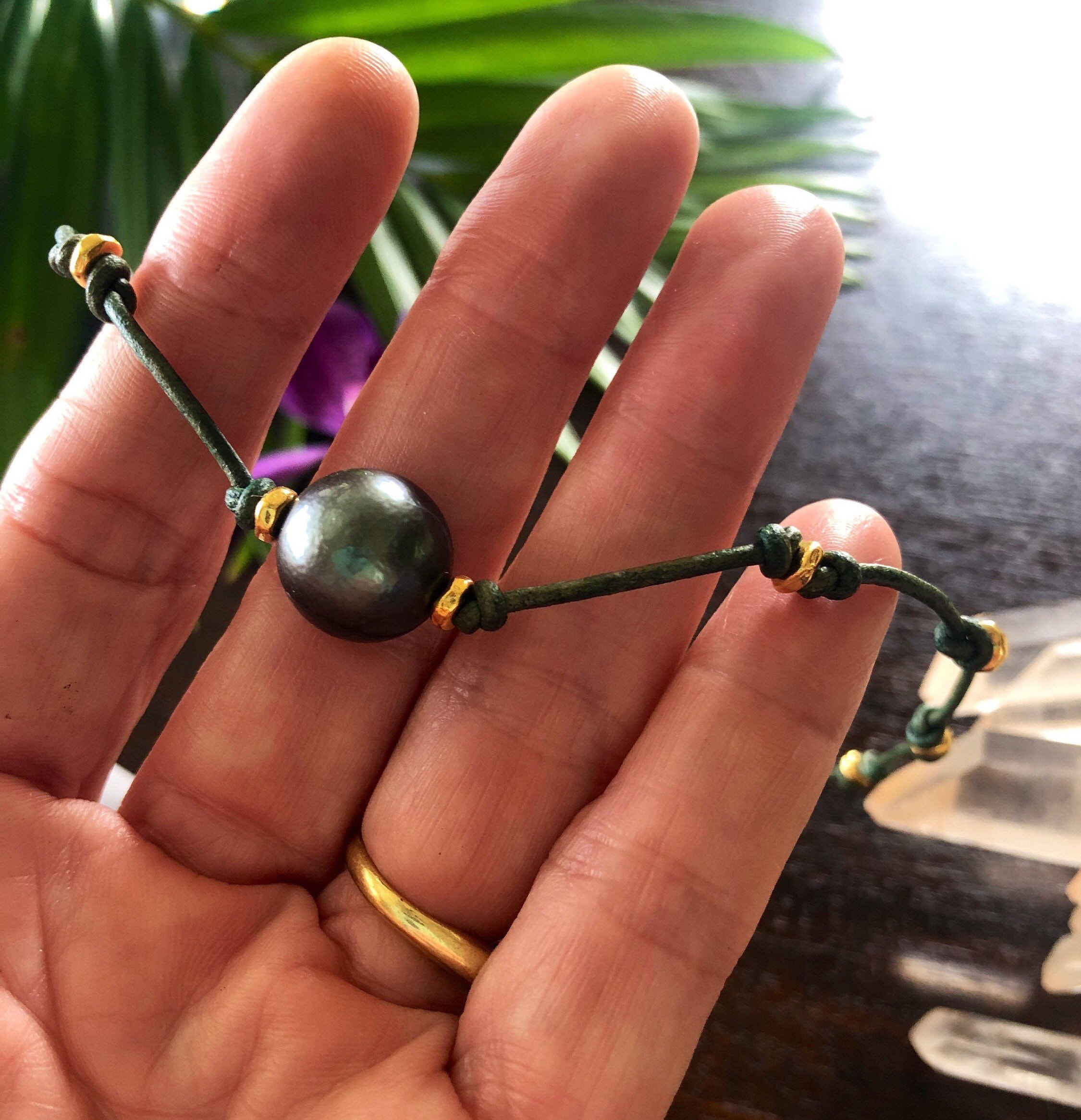 Tahitian Pearl, Knotted Leather and Gold Bead Choker