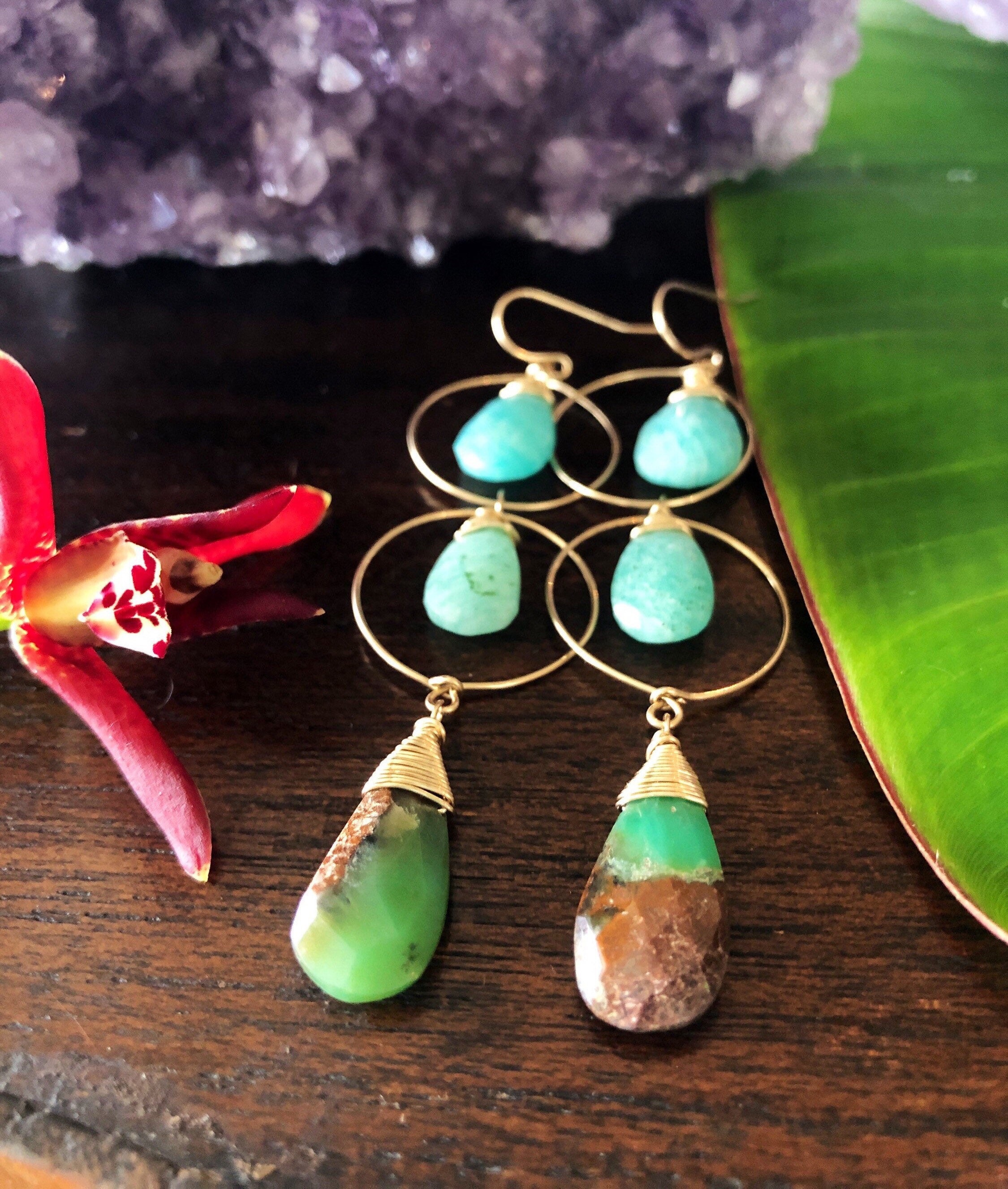 Raw Triple Gemstone Drop Drop Earrings