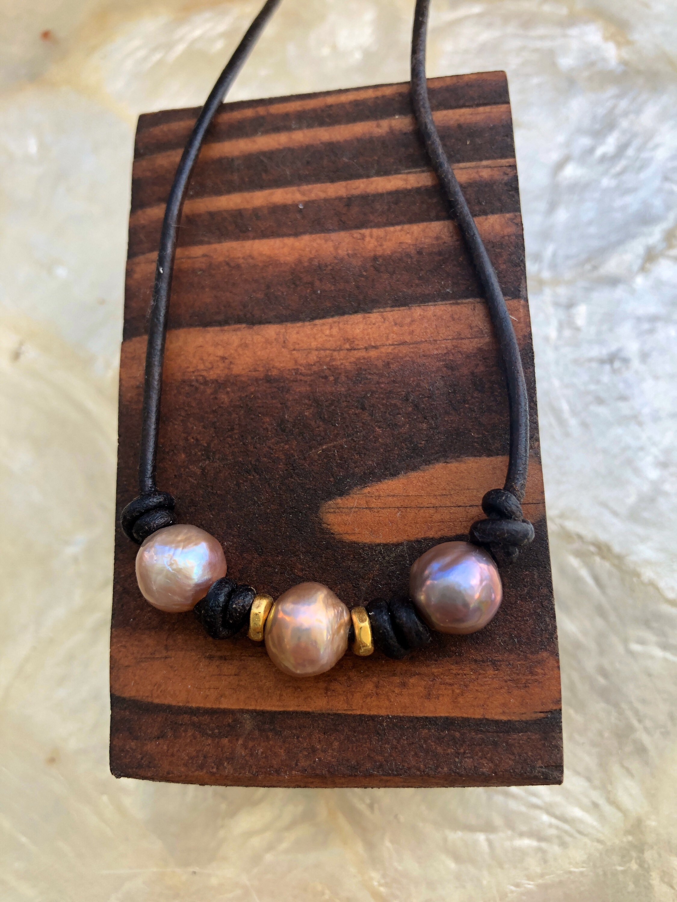 Triple Pearl Leather Knotted Necklace with Gold by Liquid Sunshine
