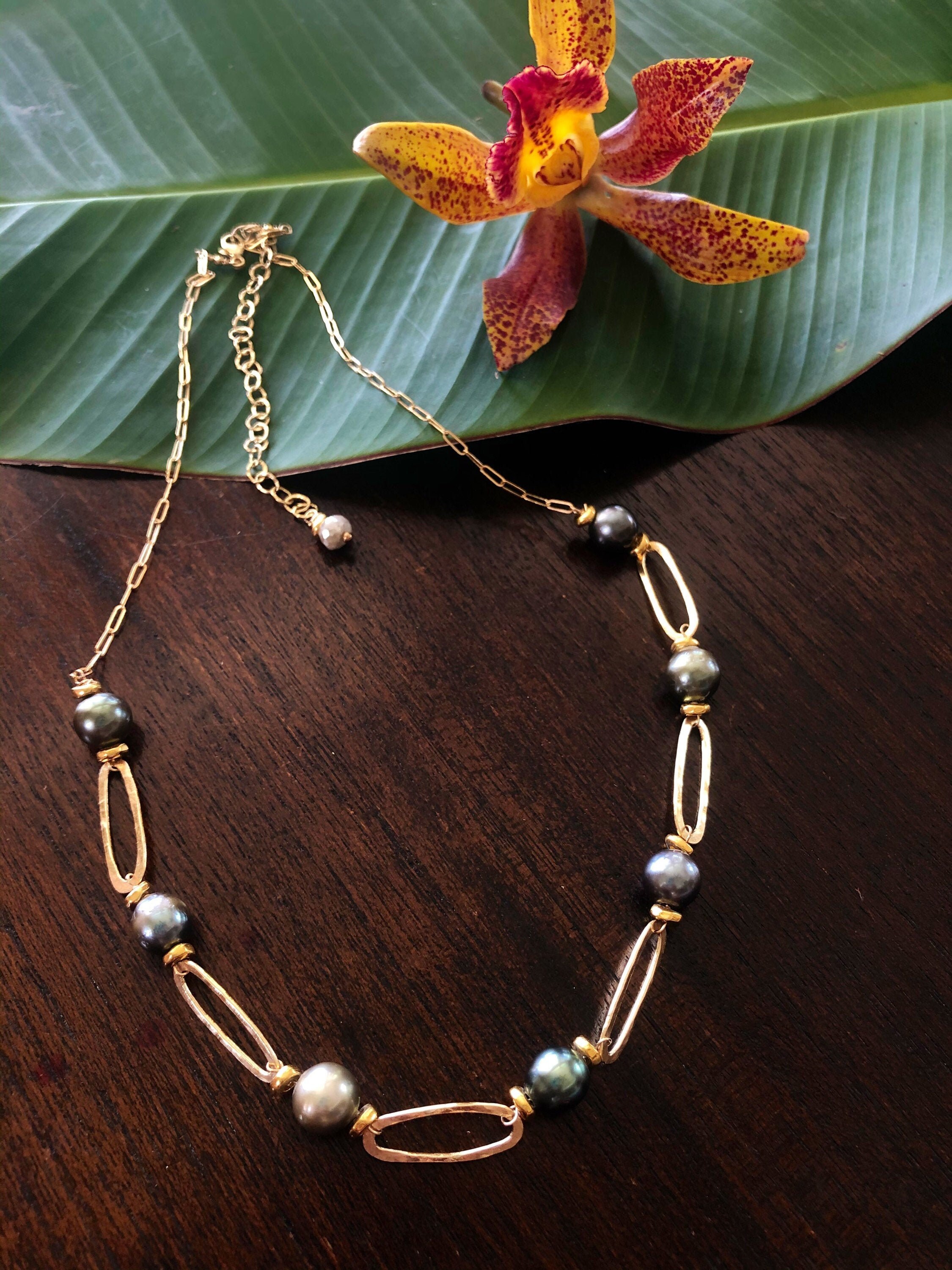 Tahitian Pearl and Hammered Gold Link Necklace by Liquid Sunshine