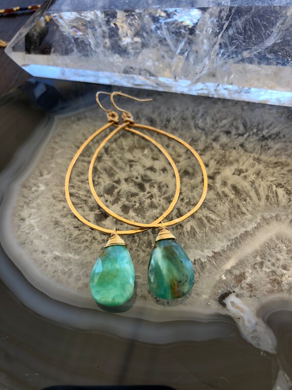 Peruvian Opal Hammered Hoop Earrings