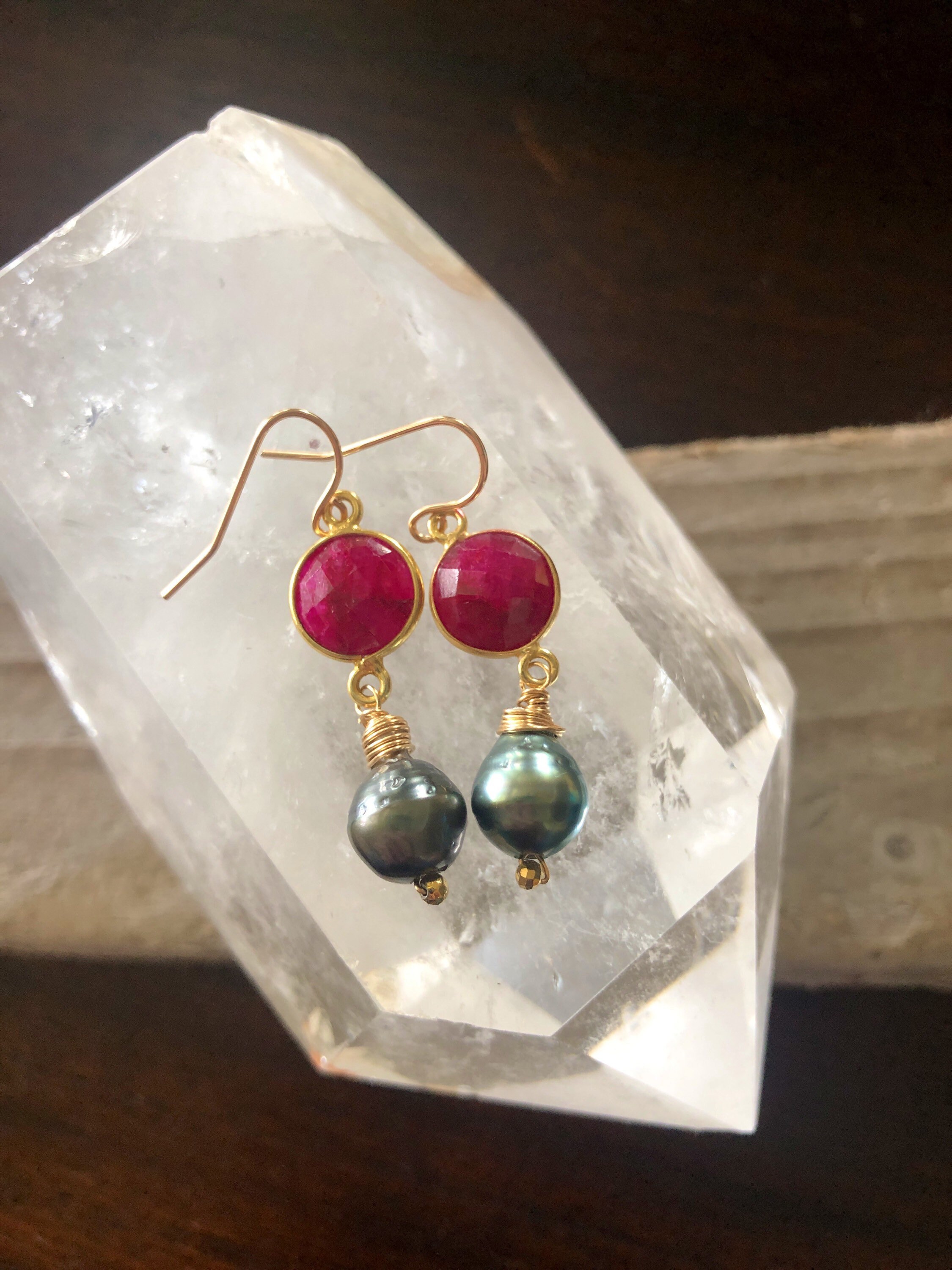 Ruby and Tahitian Pearl Drop Earrings
