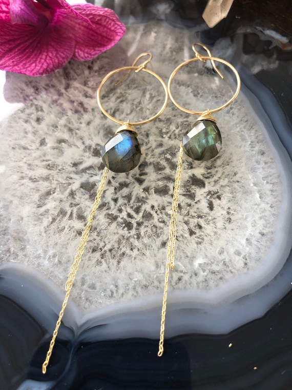 Flashy Labradorite and Fine Chain Earrings