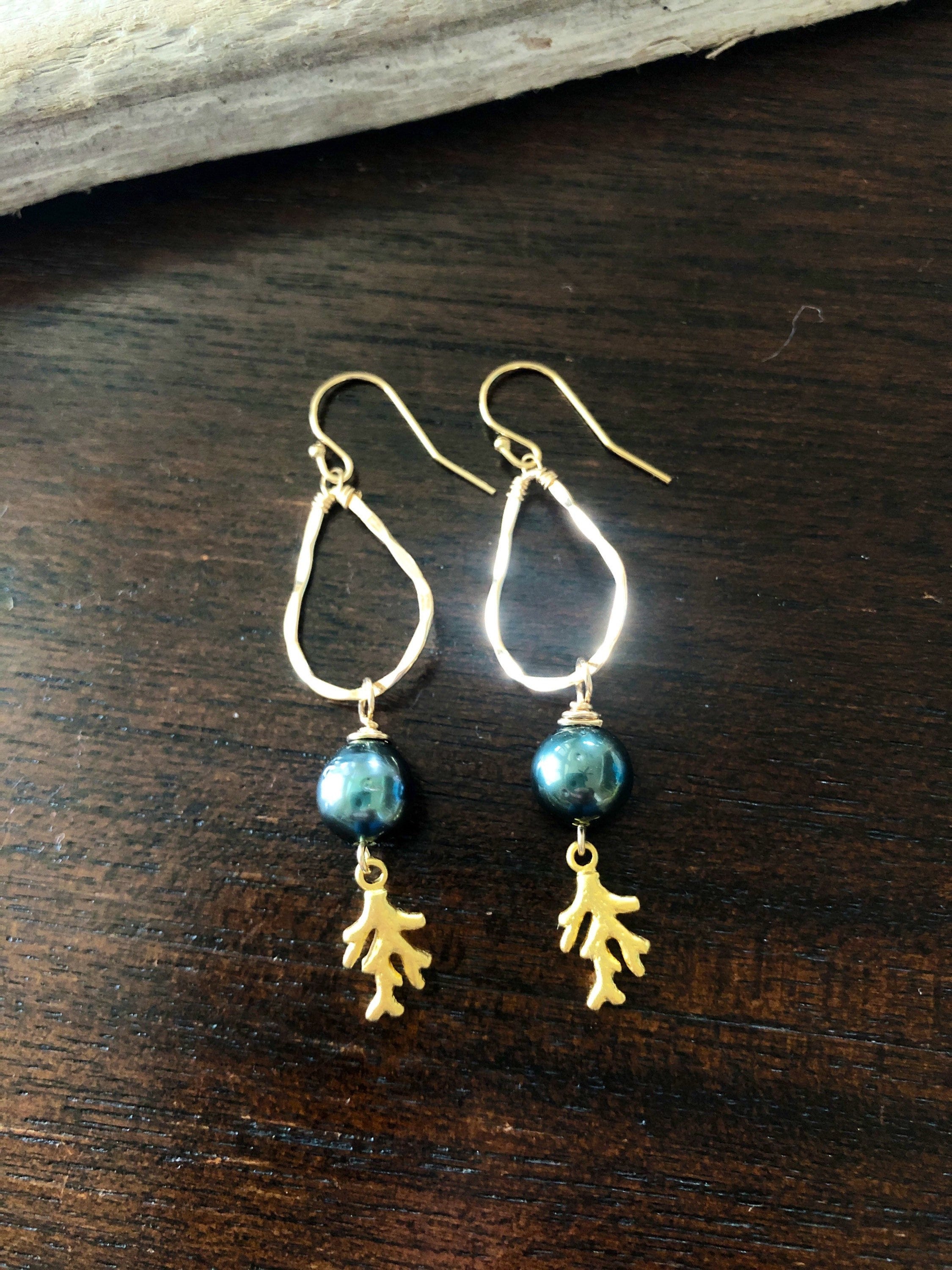 Tahitian Pearl and Gold Cast Coral Water Drop Hoops