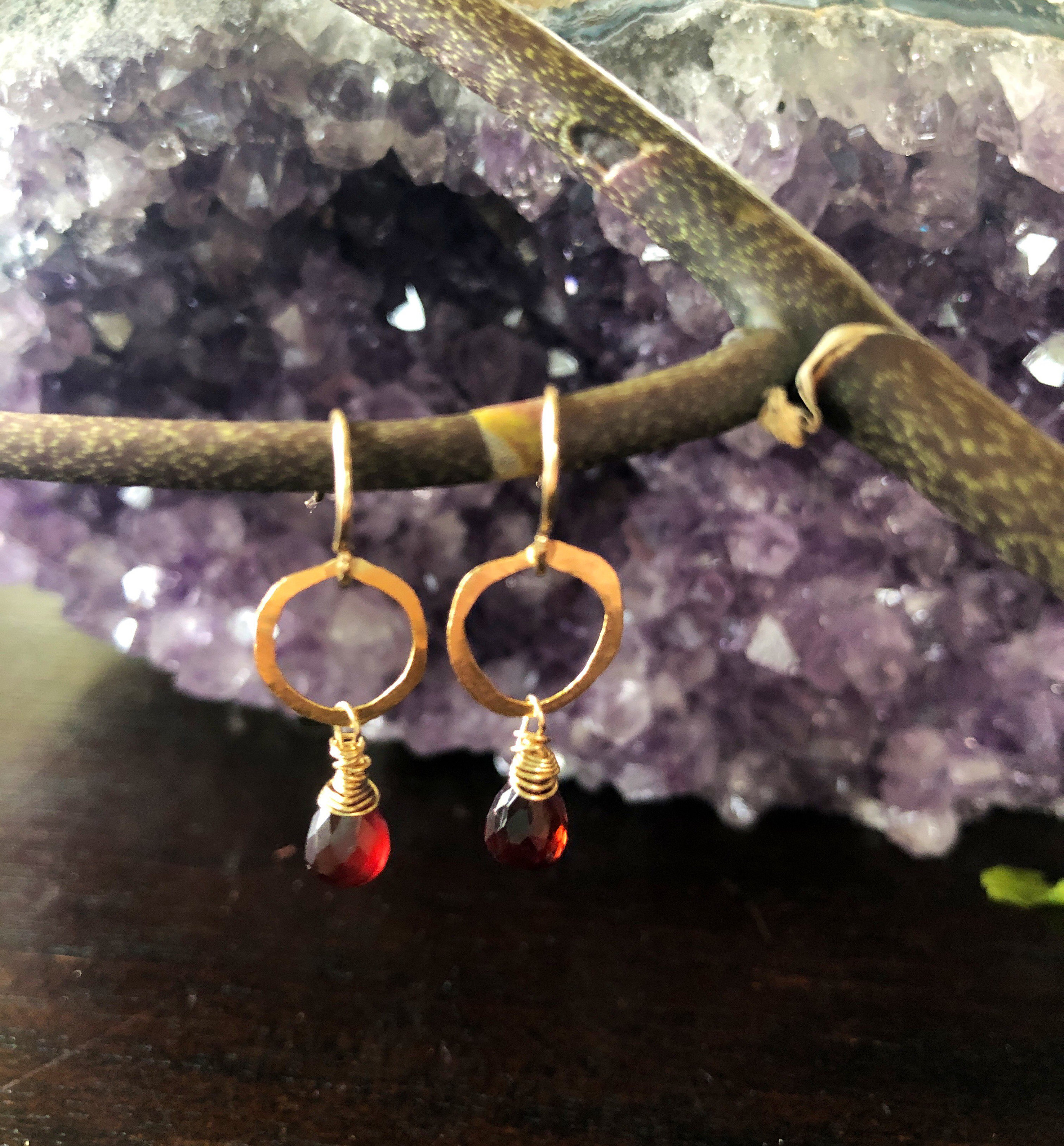 Dainty Garnet Drop Gold Hammered Hoop Earrings