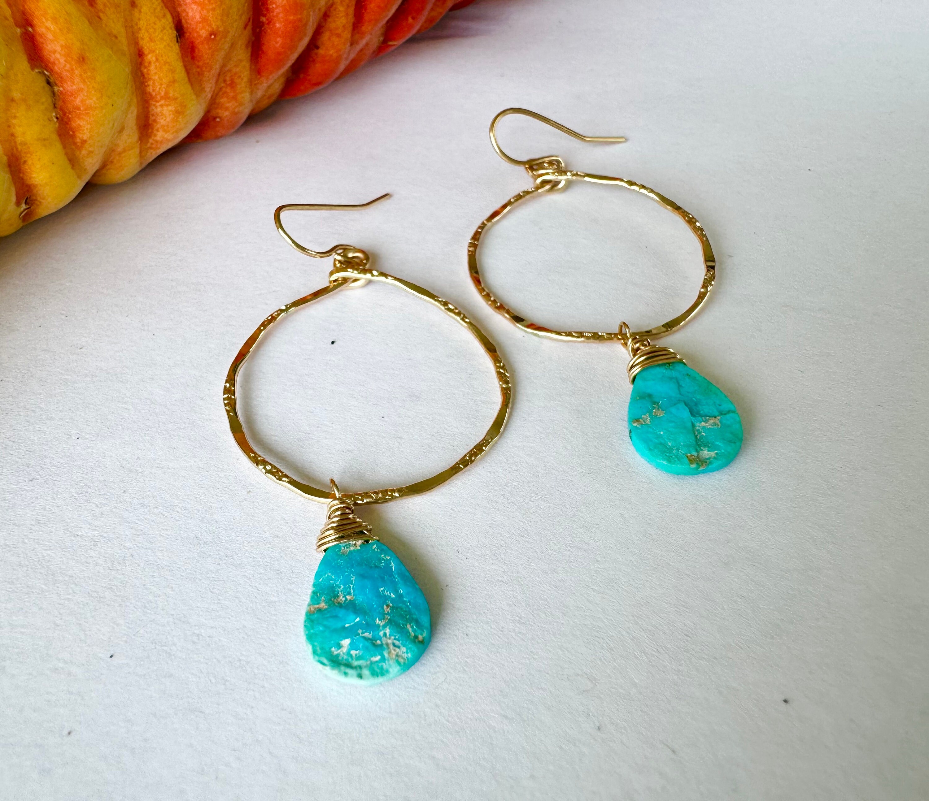 Raw Turquoise Gold Hoop Earrings