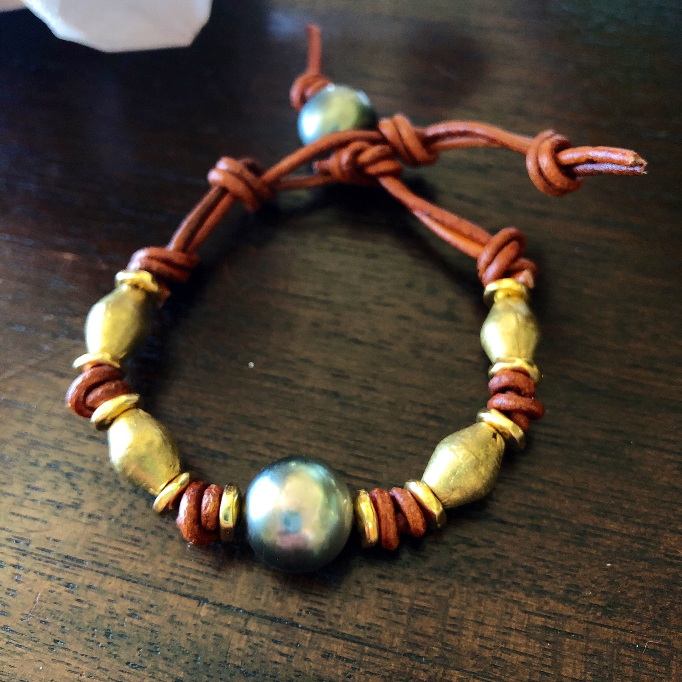 Tahitian Pearl Gold and Brass Bead Leather Bracelet