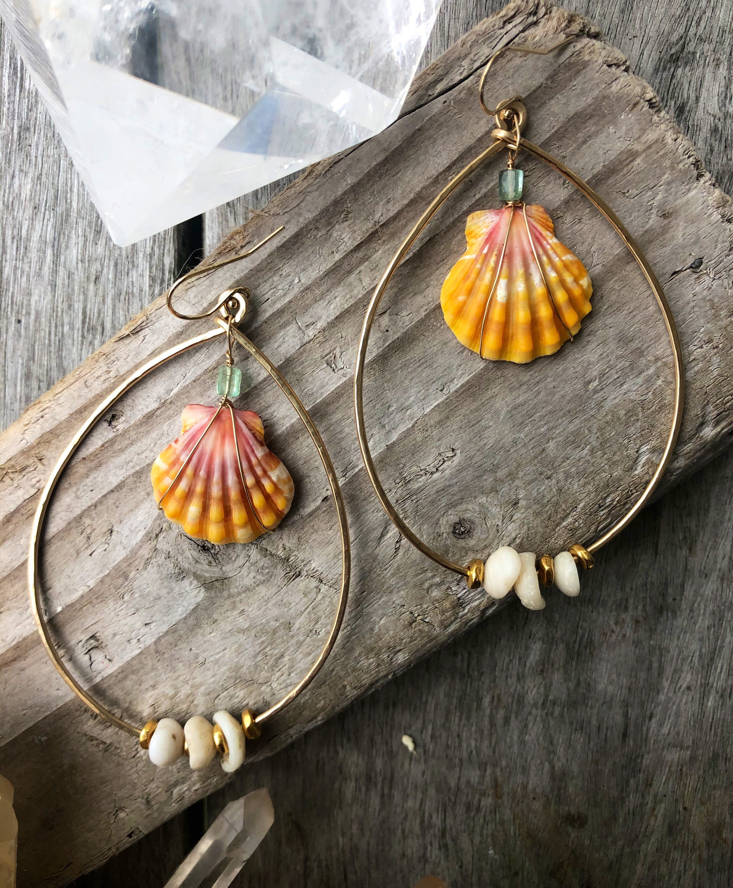 Epic Sunrise Shell and Puka Shell Hammered Tear Drop Gold Hoops