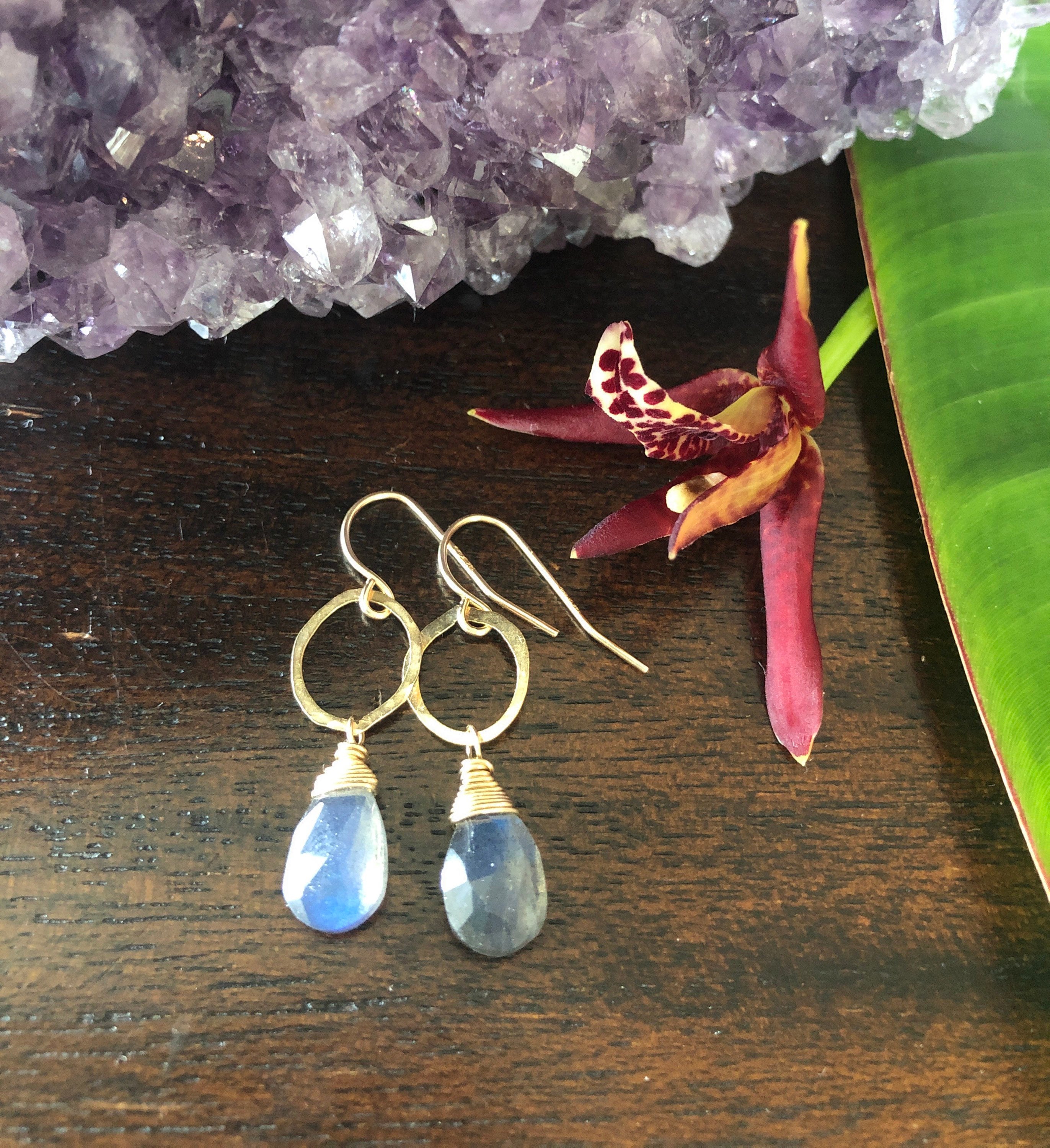 Petite Labradorite Hammered Hoop Earrings