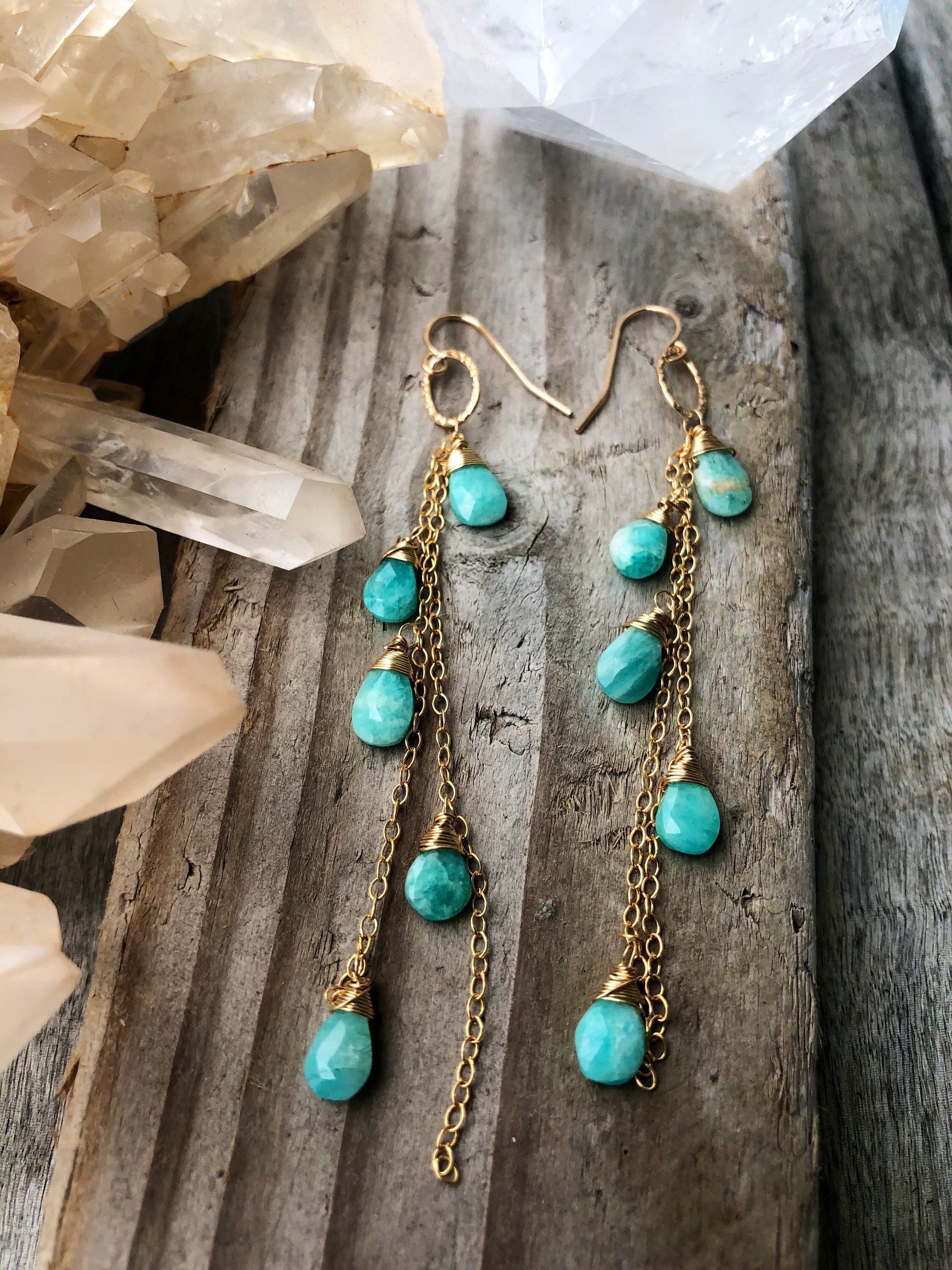 Petite Multi Gemstone Gold Chain Aqua Earrings