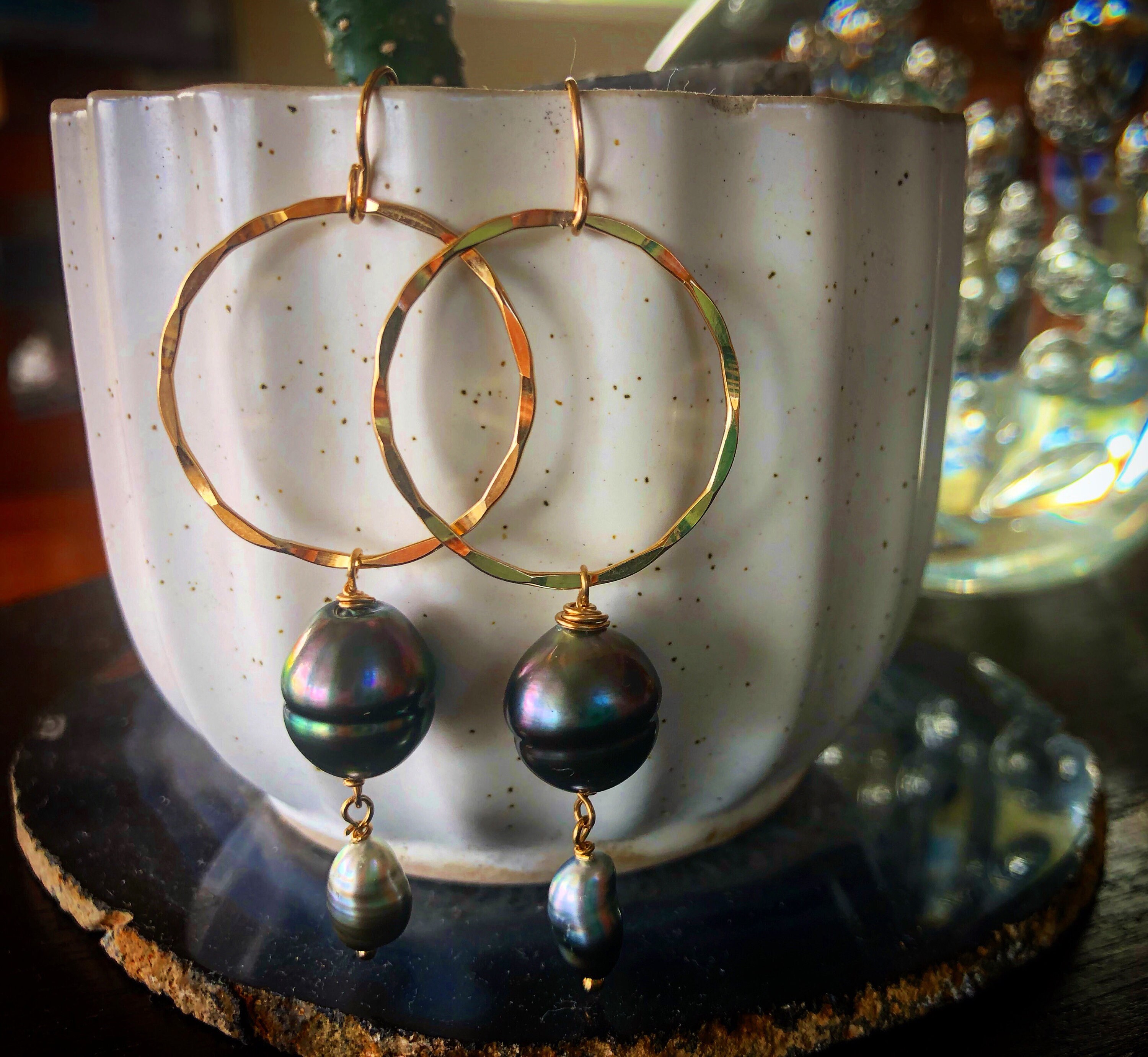 Double Tahitian Pearl Gold Hoop Earrings