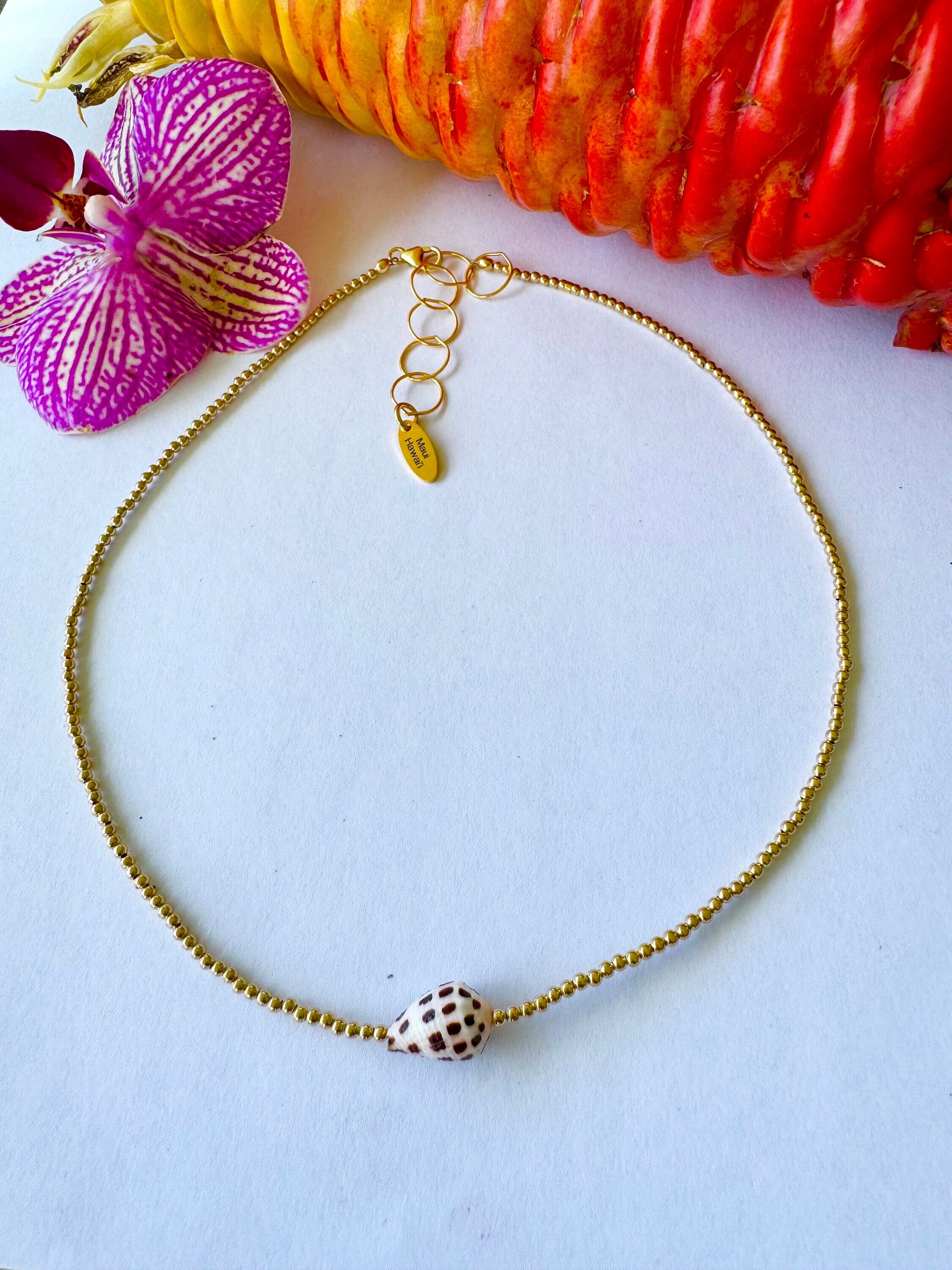 Gold Beaded Hebrew Cone Shell Necklace