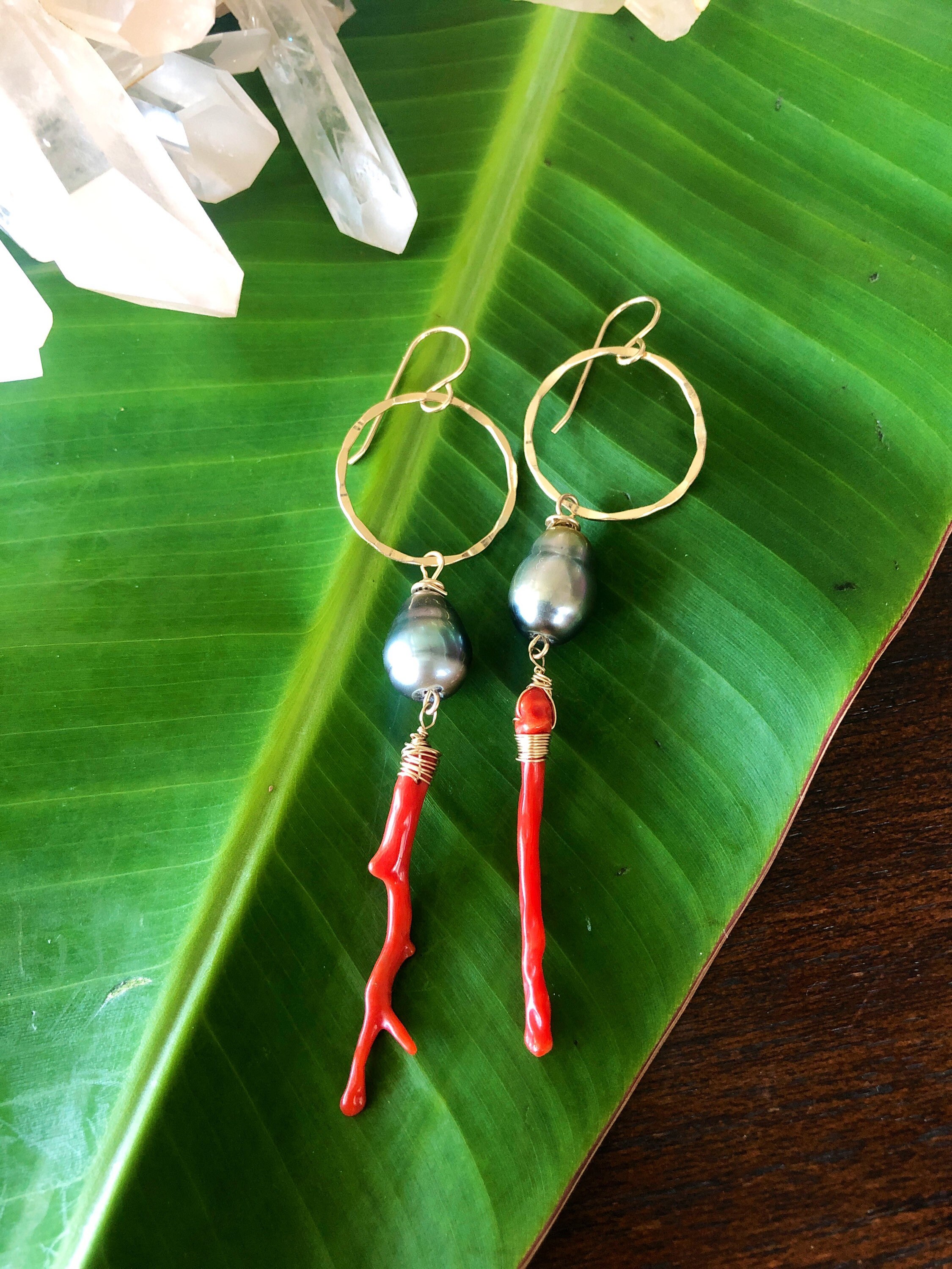 Tahitian Pearl and Red Coral Earrings