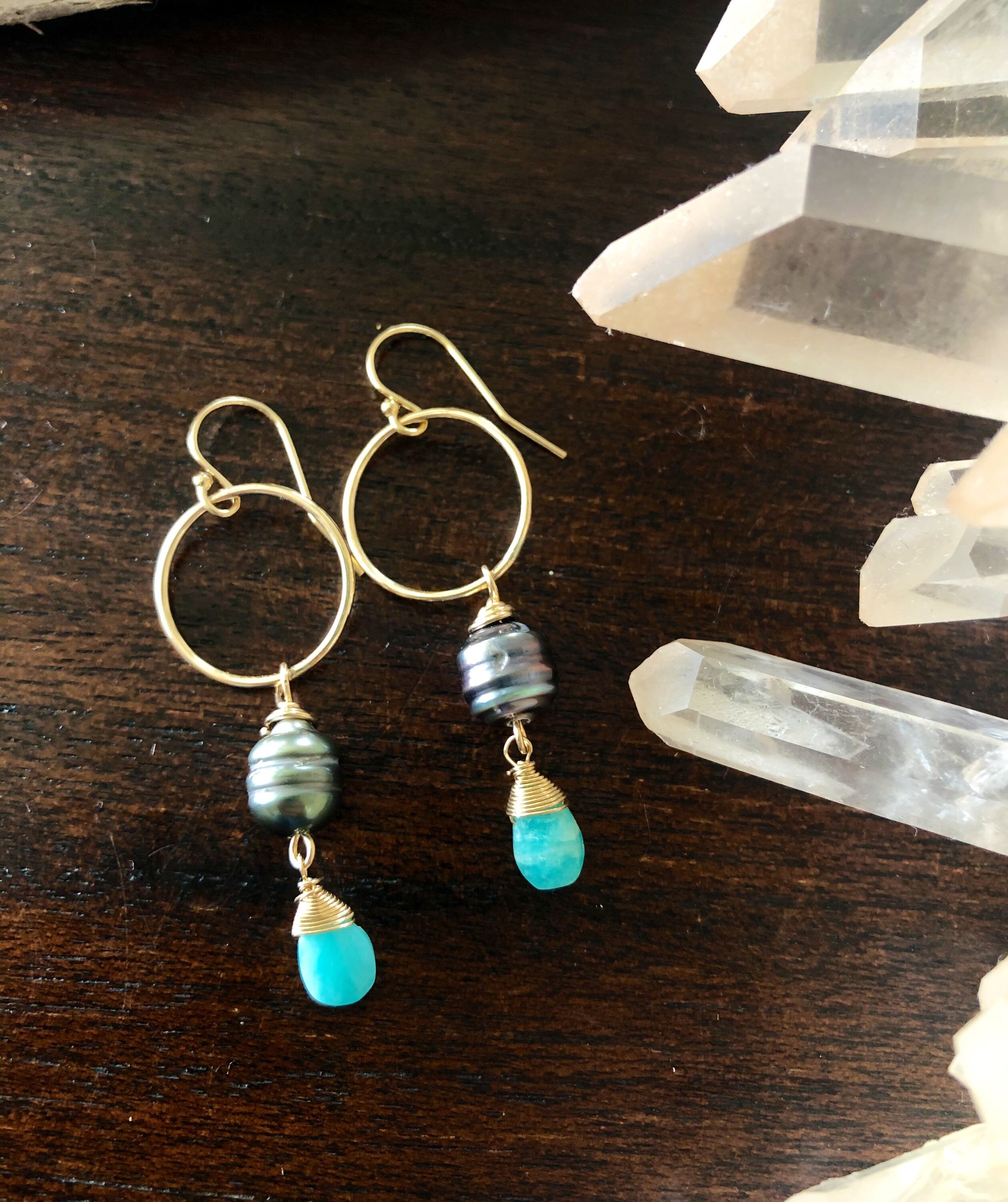 Tahitian Pearl and Aqua Amazonite Gold Hoop Earrings