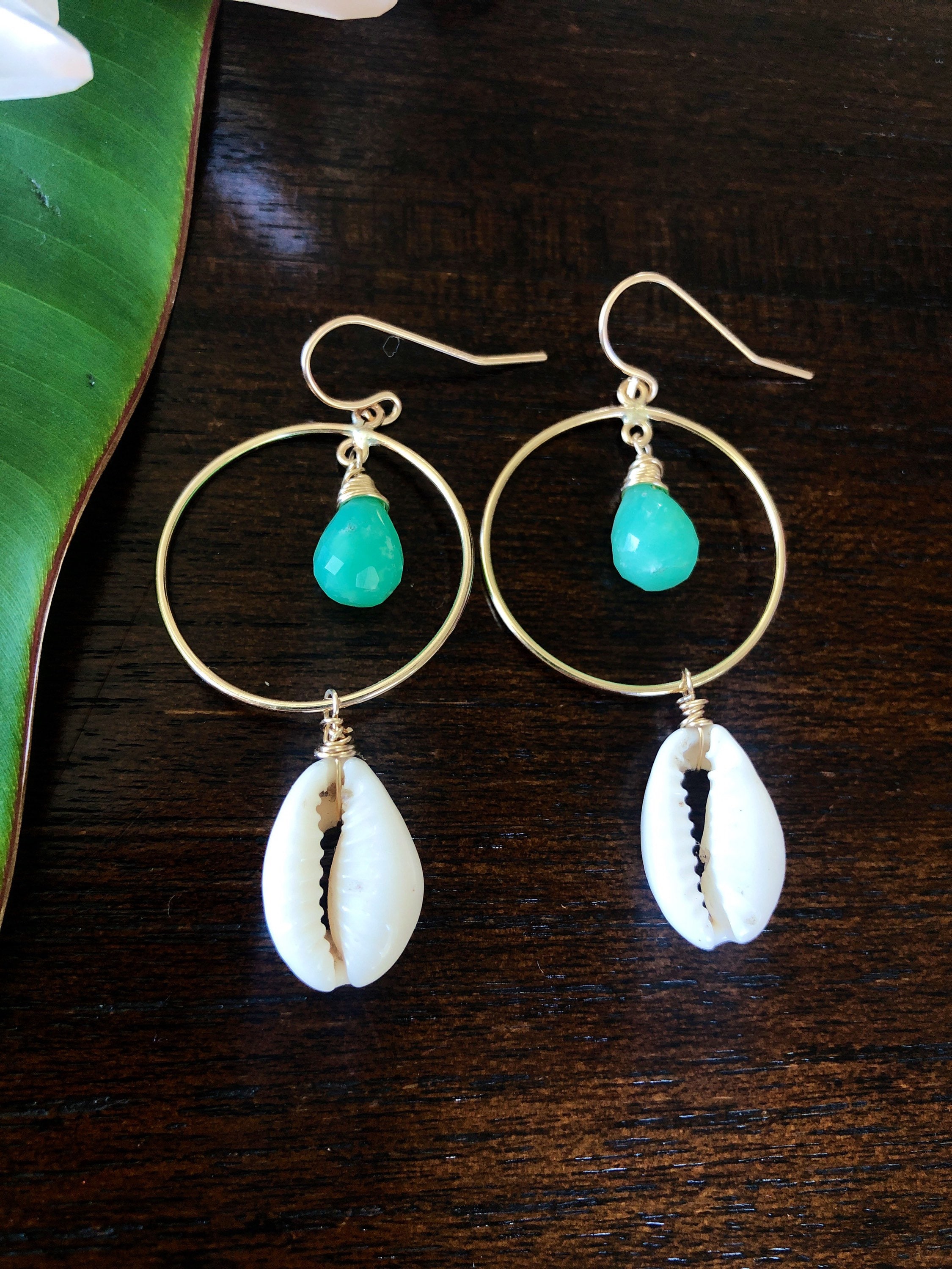 Cowrie Shell and Gemstone Hoop Earrings