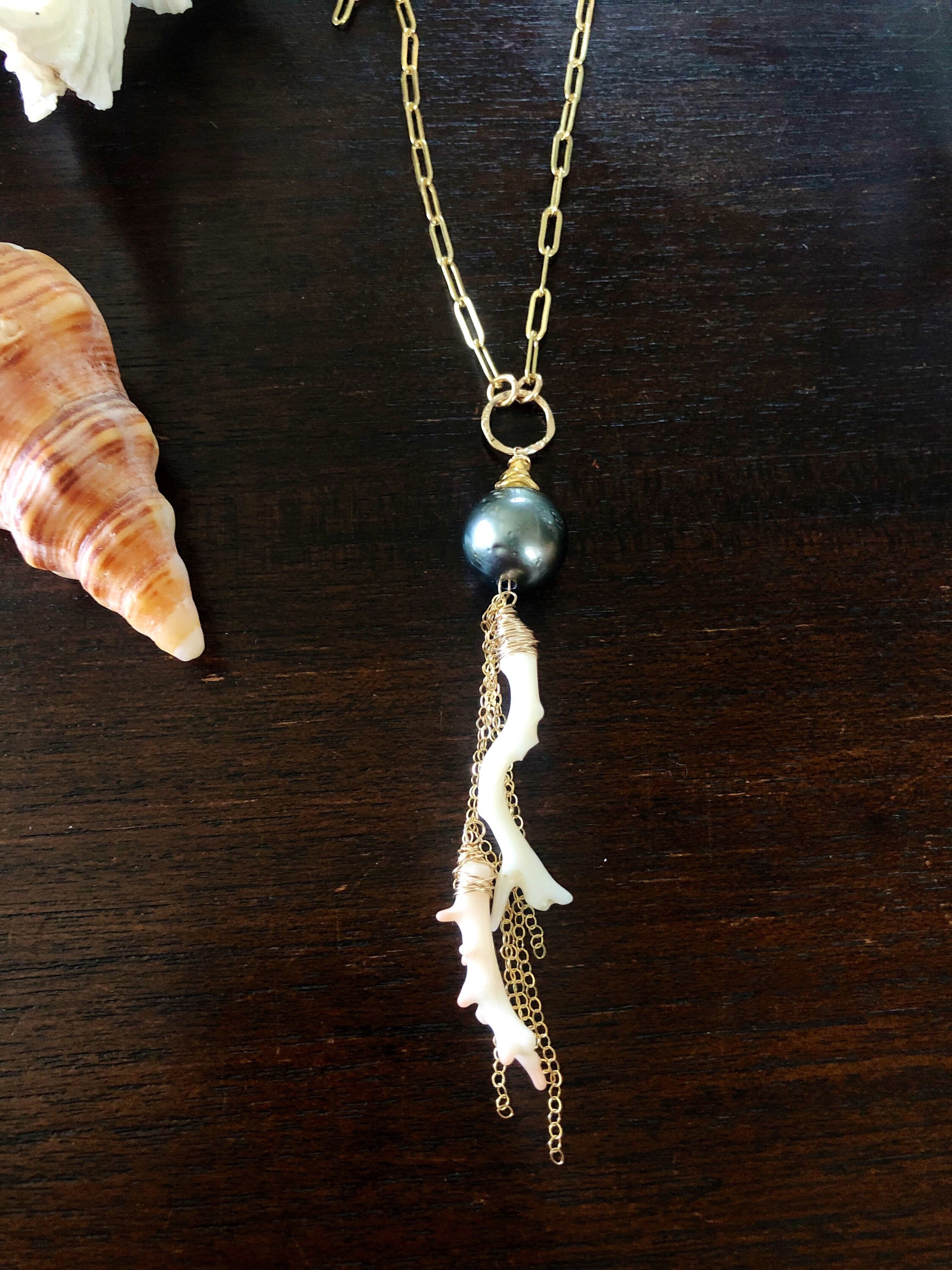 Long Tahitian Pearl Necklace with Coral