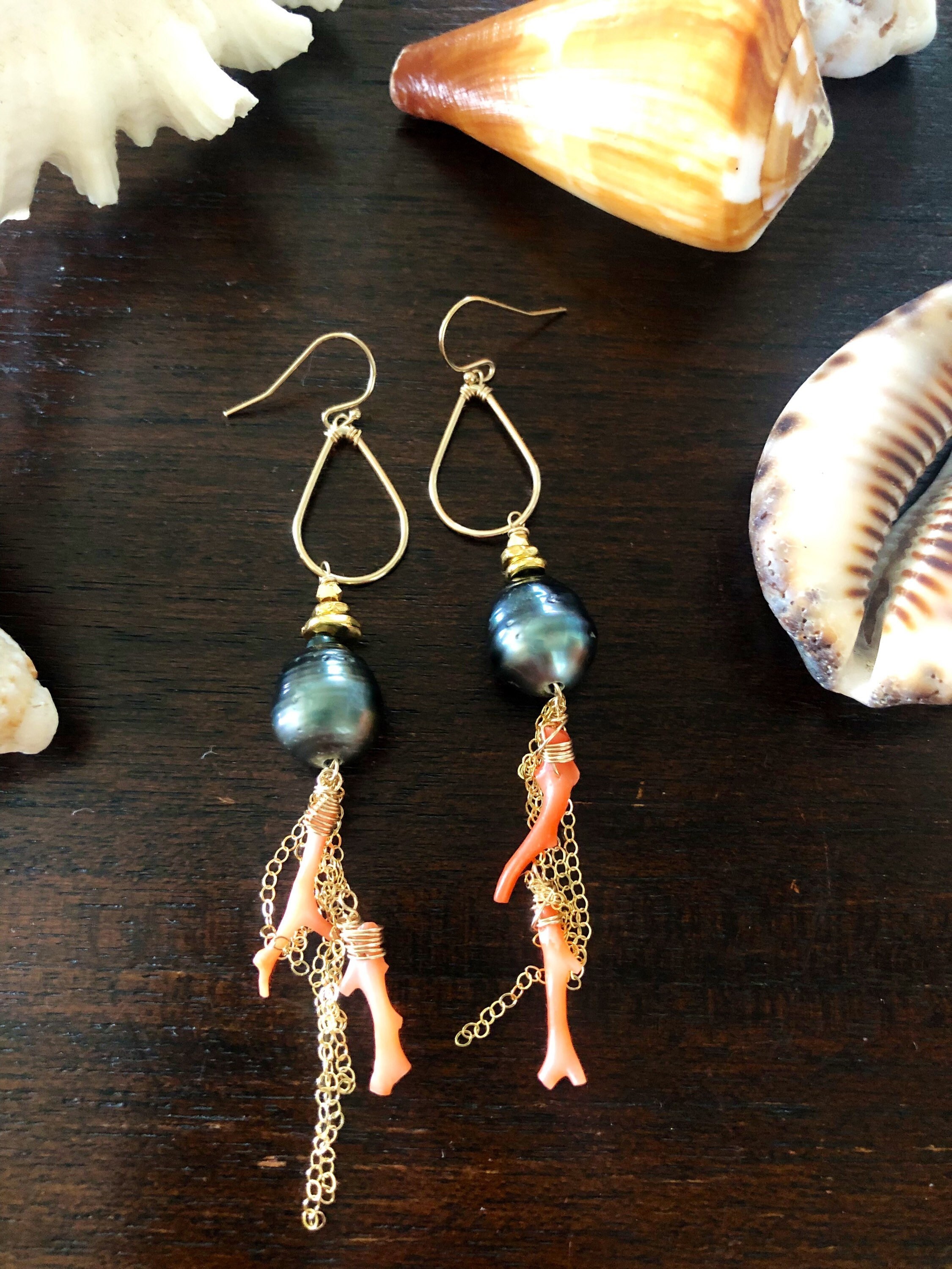 Large Tahitian Pearl and Coral Earrings