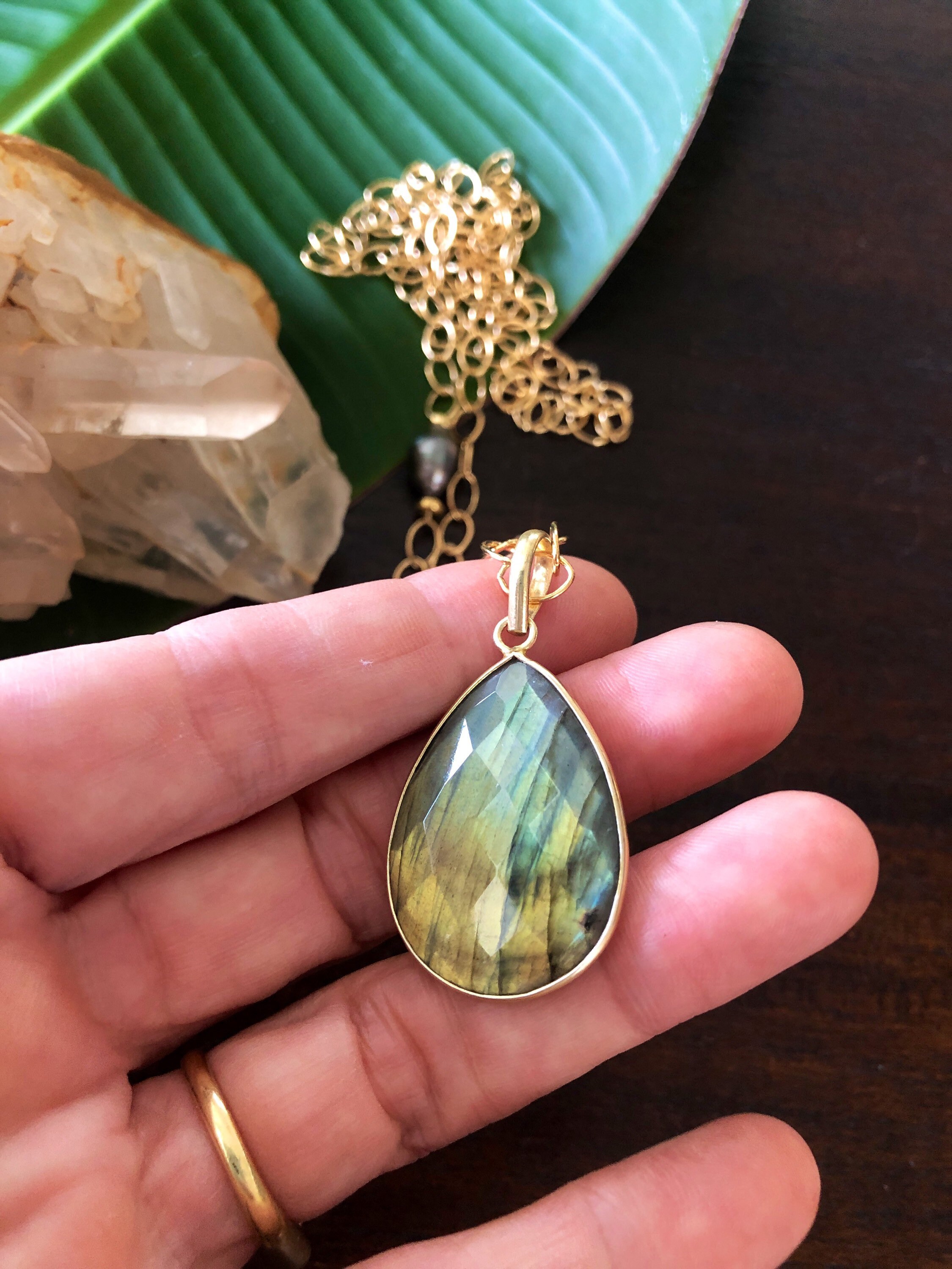 Long Labradorite Chain Necklace With Tahitian Pearl by Liquid Sunshine
