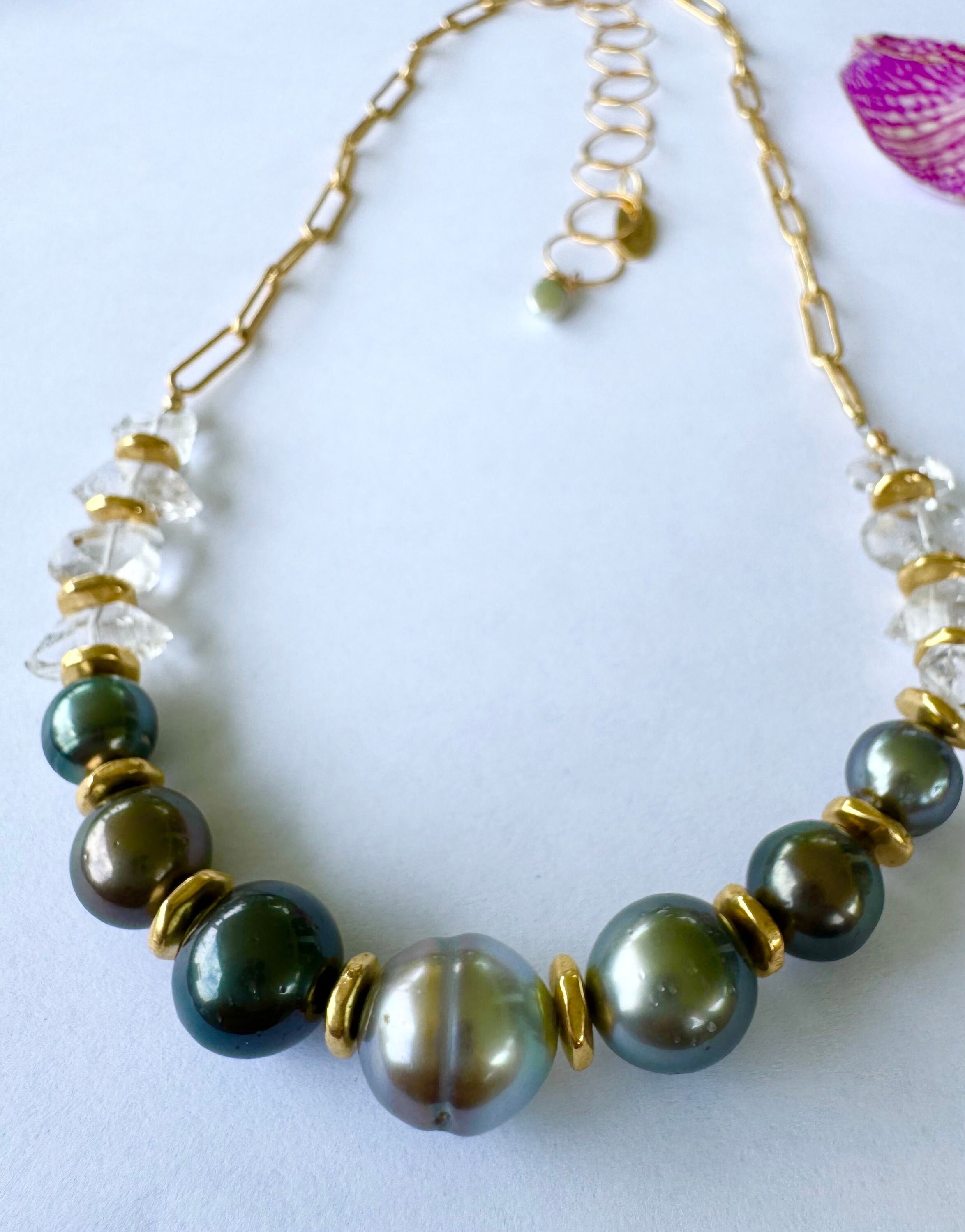 7 Tahitian Pearl and Herkimer Diamond Adjustable Gold Necklace