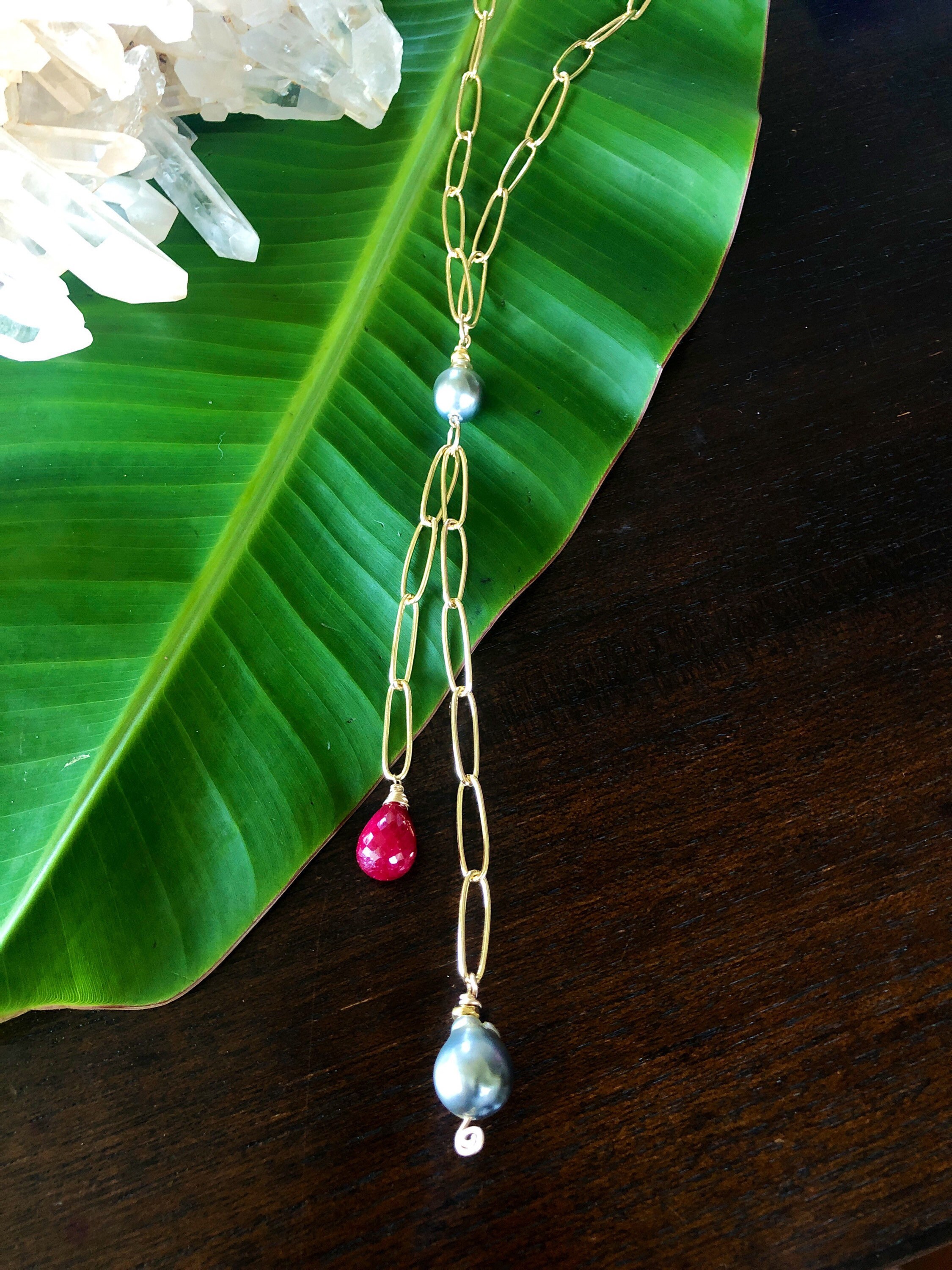 Modern Tahitian Pearl and Ruby Large Chain Lariat Necklace