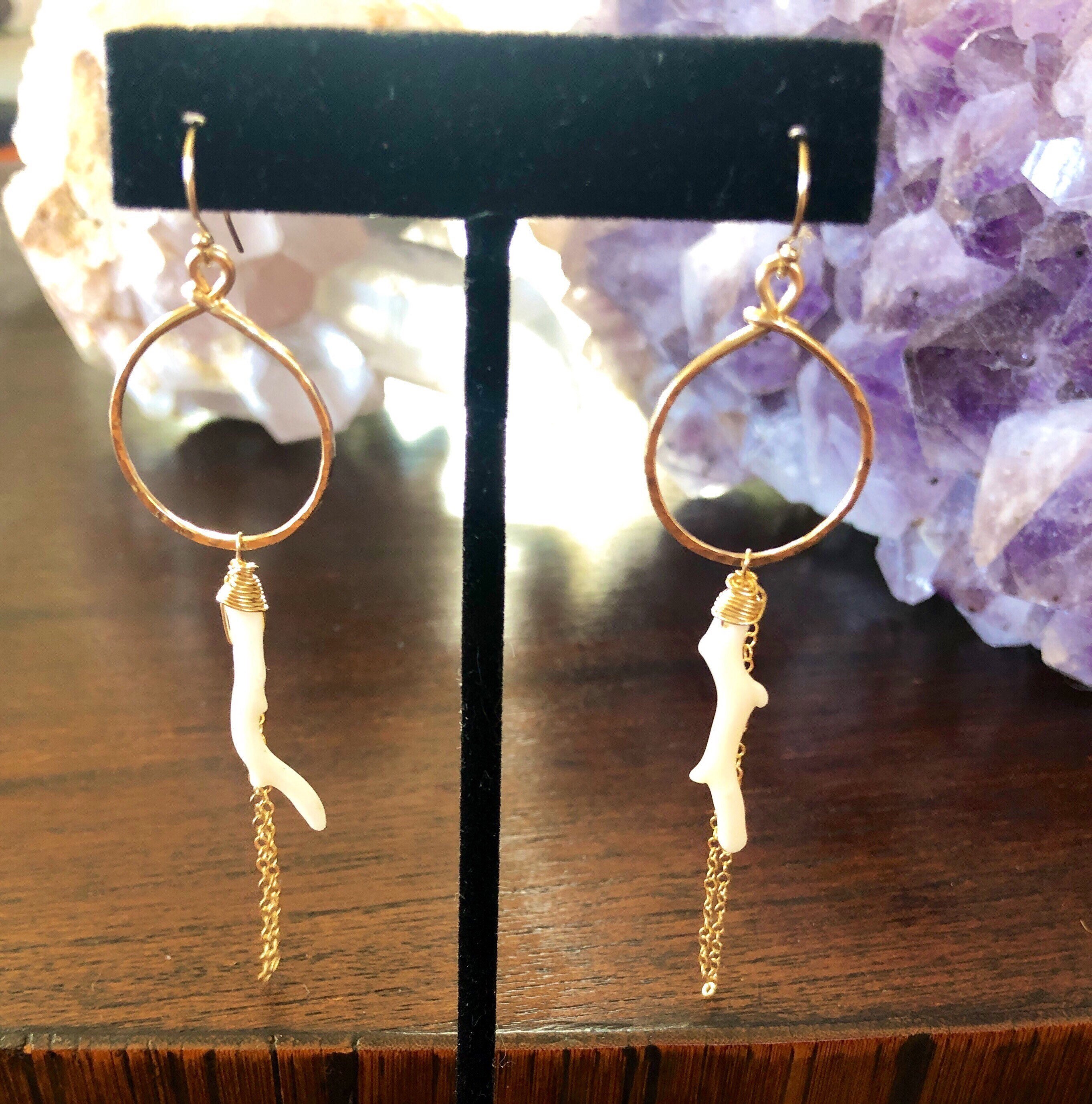 Coral Branch Gold Hoops with Chain