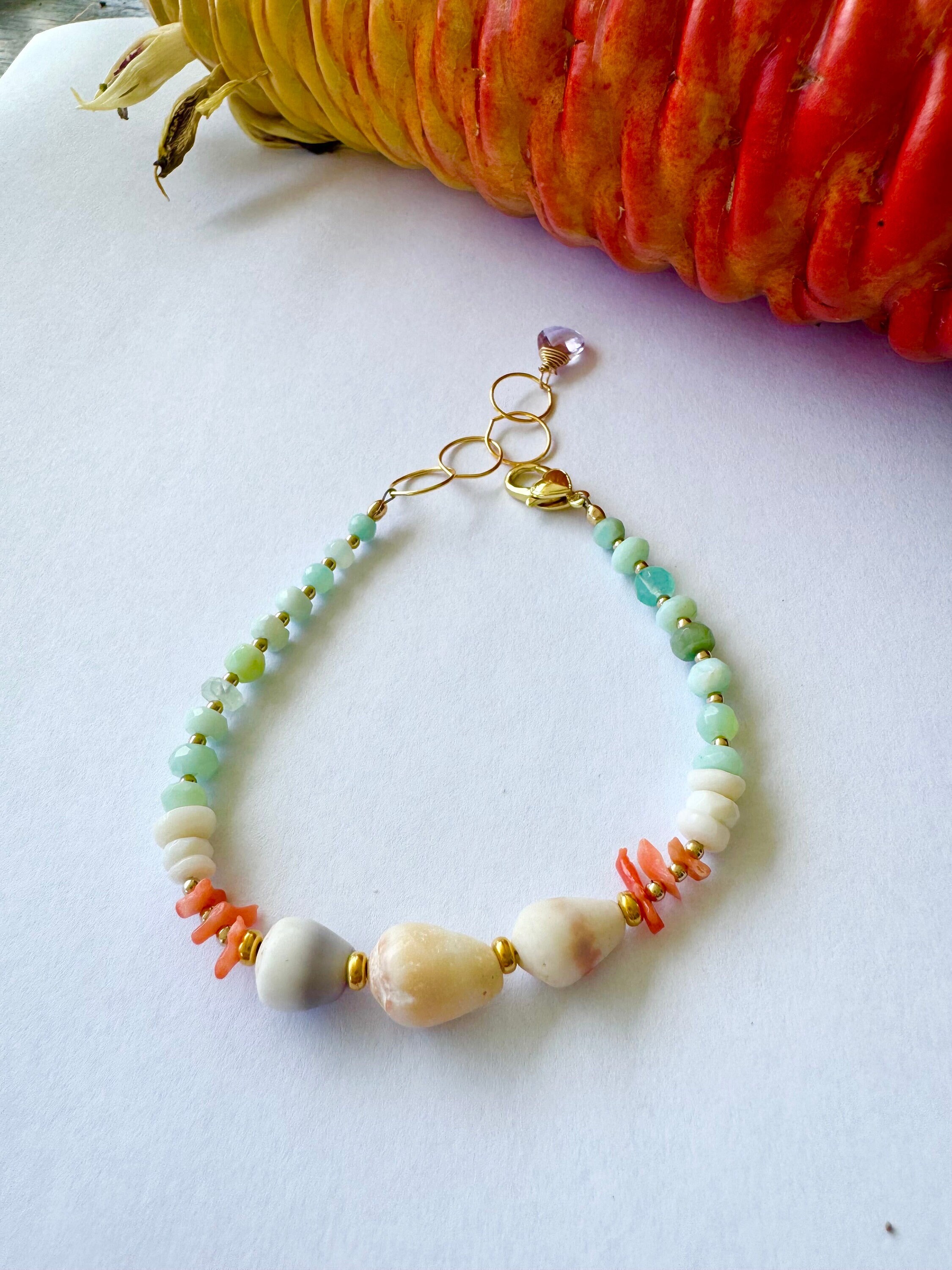 Hawaii Cone Shell and Gemstone Adjustable Bracelet