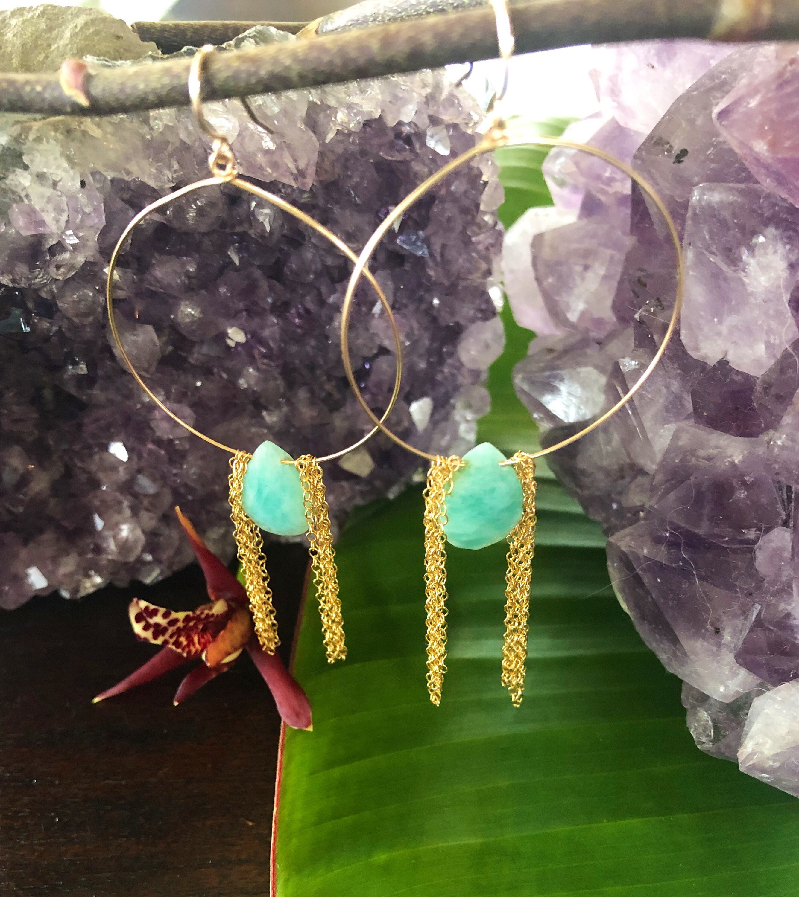 Aqua Raw Gemstone Waterfall Hoop Earrings