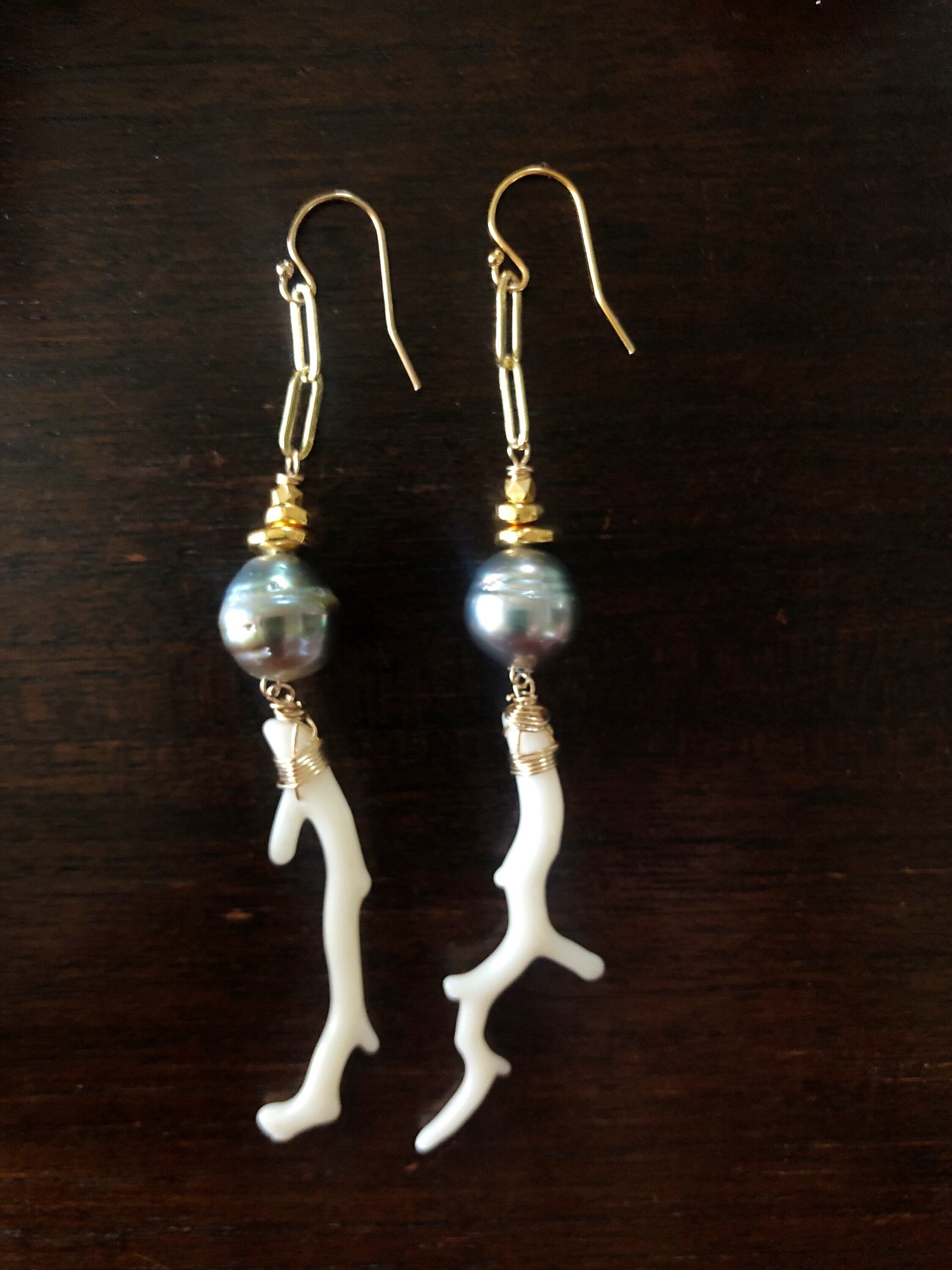 Tahitian Pearl and Coral Branch Earrings