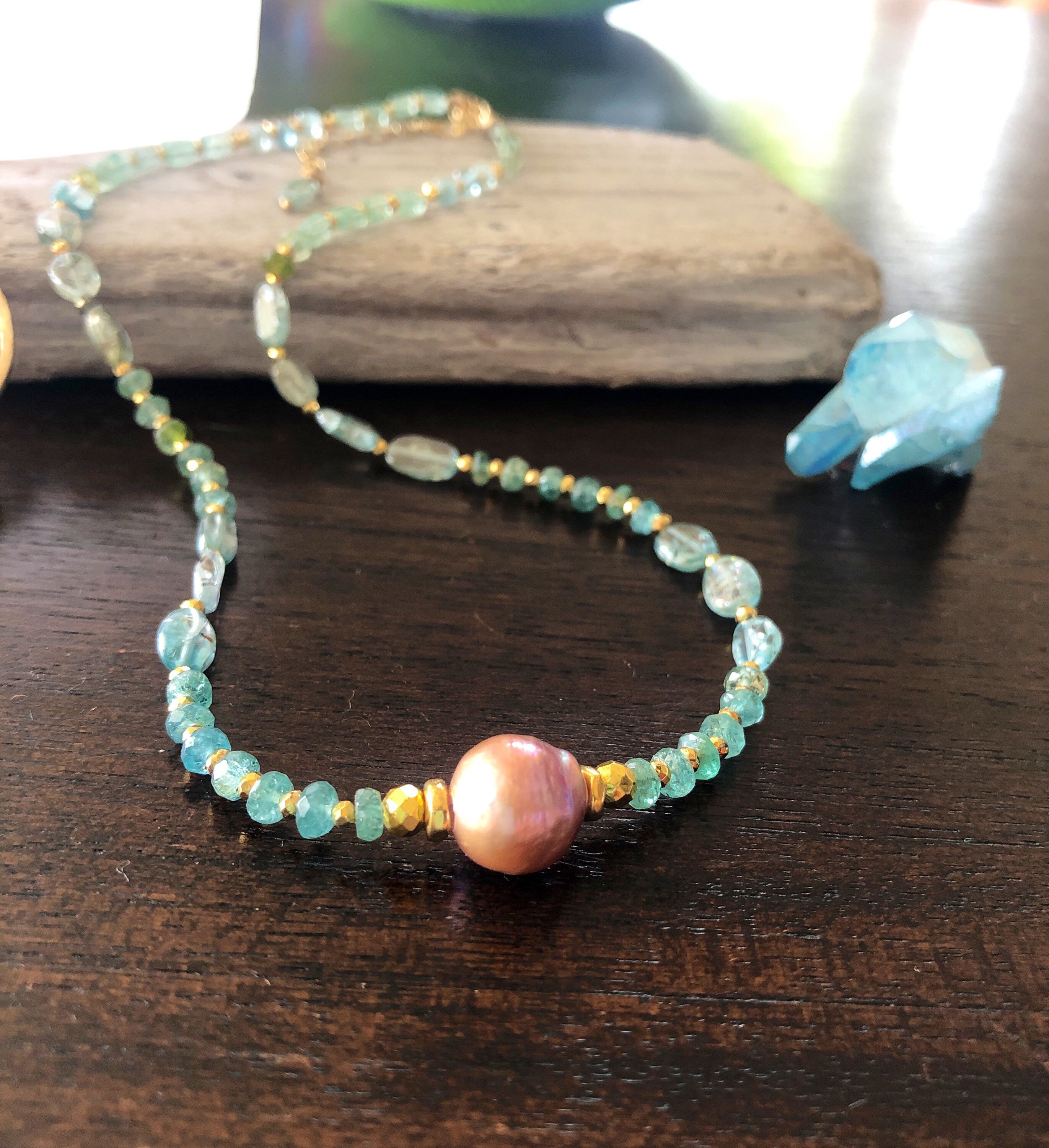 Pink Pearl and Aquamarine Beach Dream Necklace
