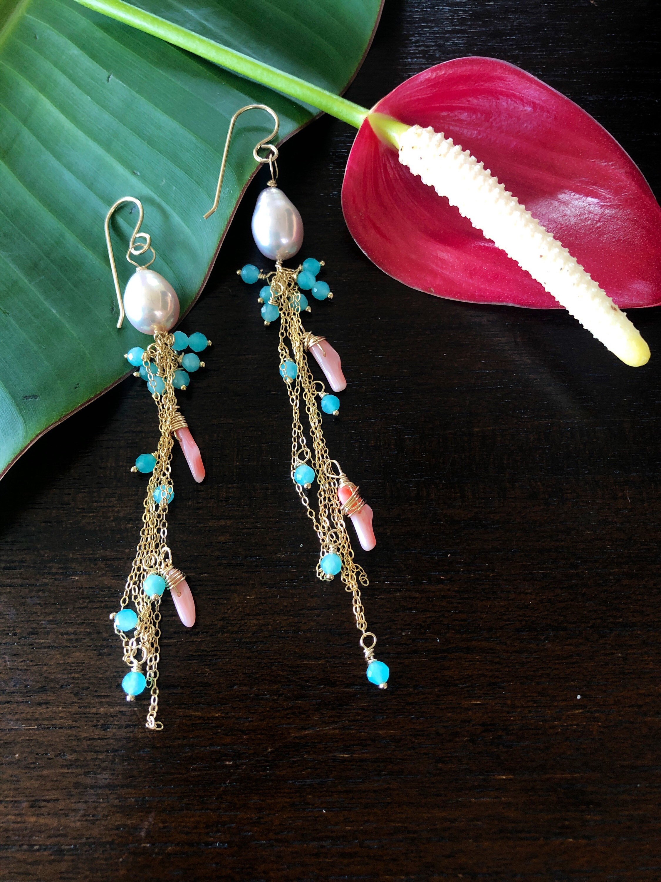 Pink Edison Pearl, Aqua Apatite and Coral Chain Cluster Drop Earrings
