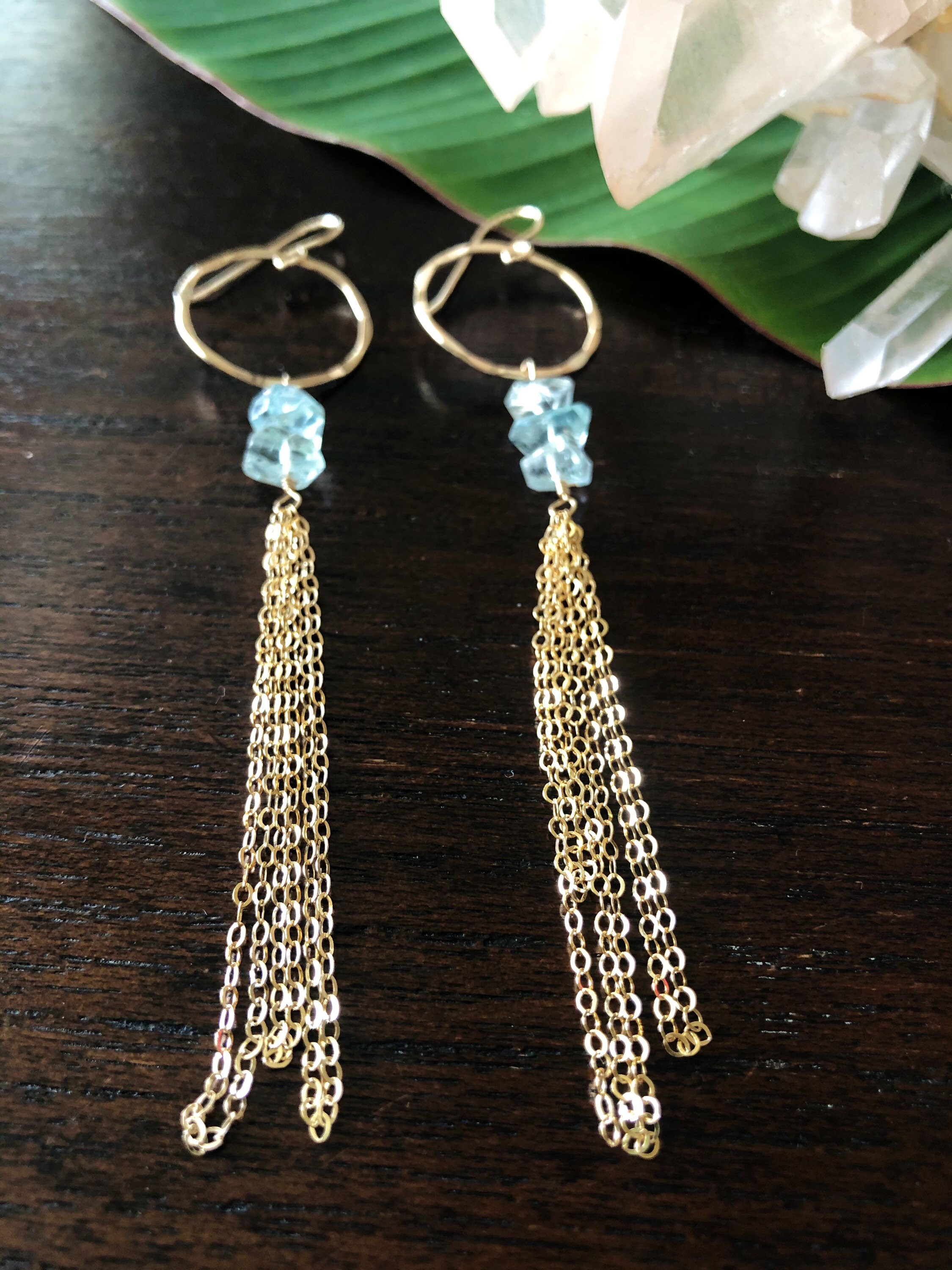 Sparkling Aquamarine and Chain on Gold Hoops