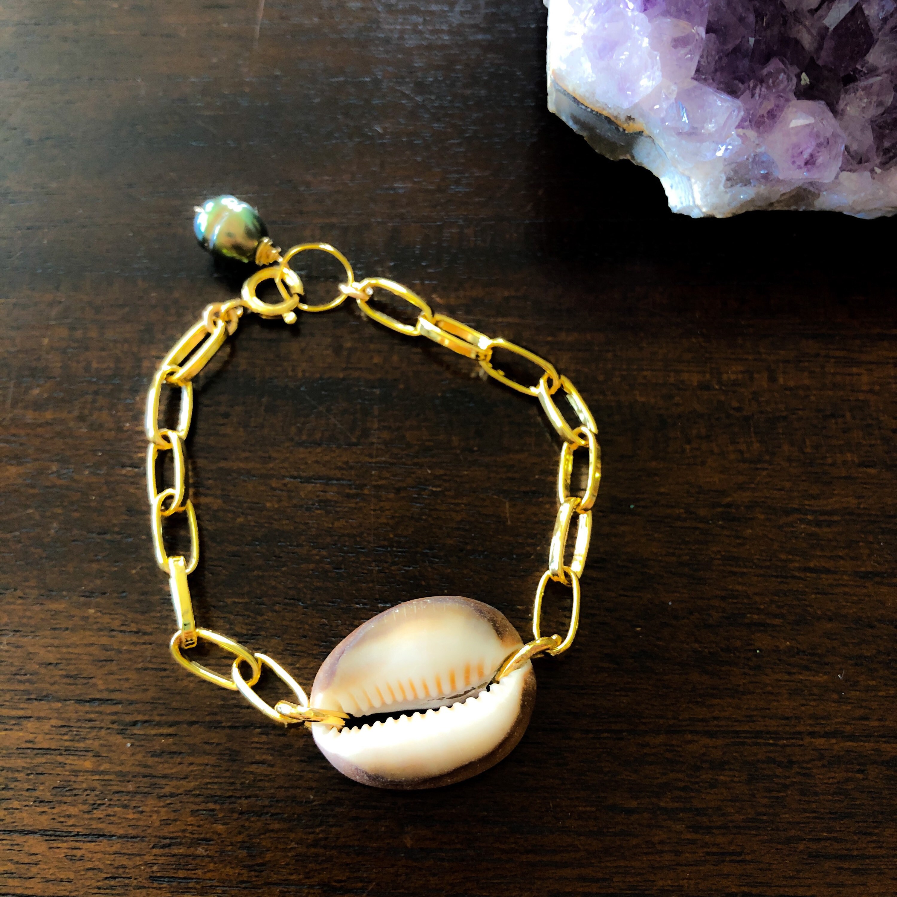 Large Chain Link Bracelet with Hawaiian Cowrie Shell and Tahitian Pearl by Liquid Sunshine