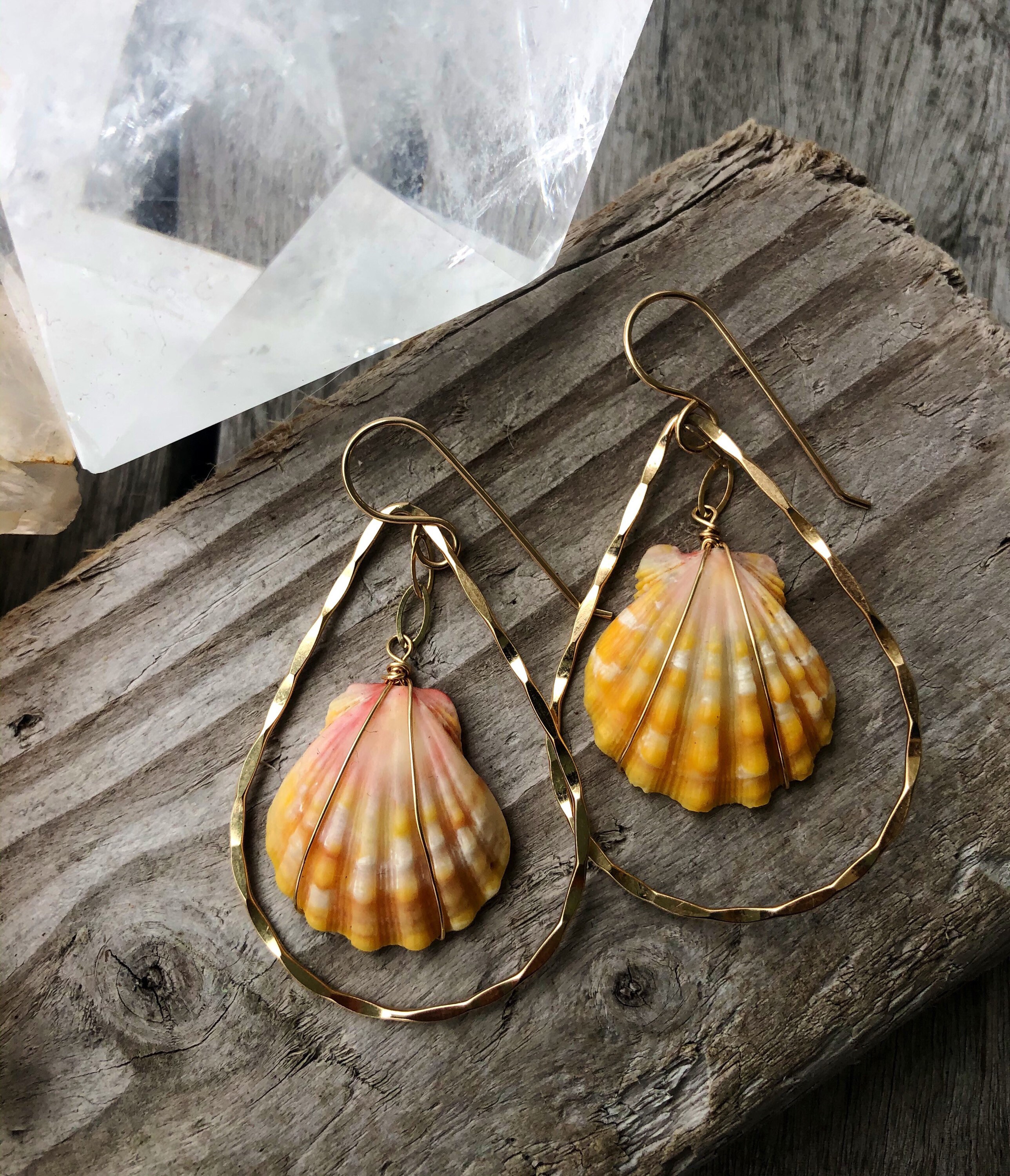 Hawaii Sunrise Shell Hammered Tear Drop Gold Hoop Earrings