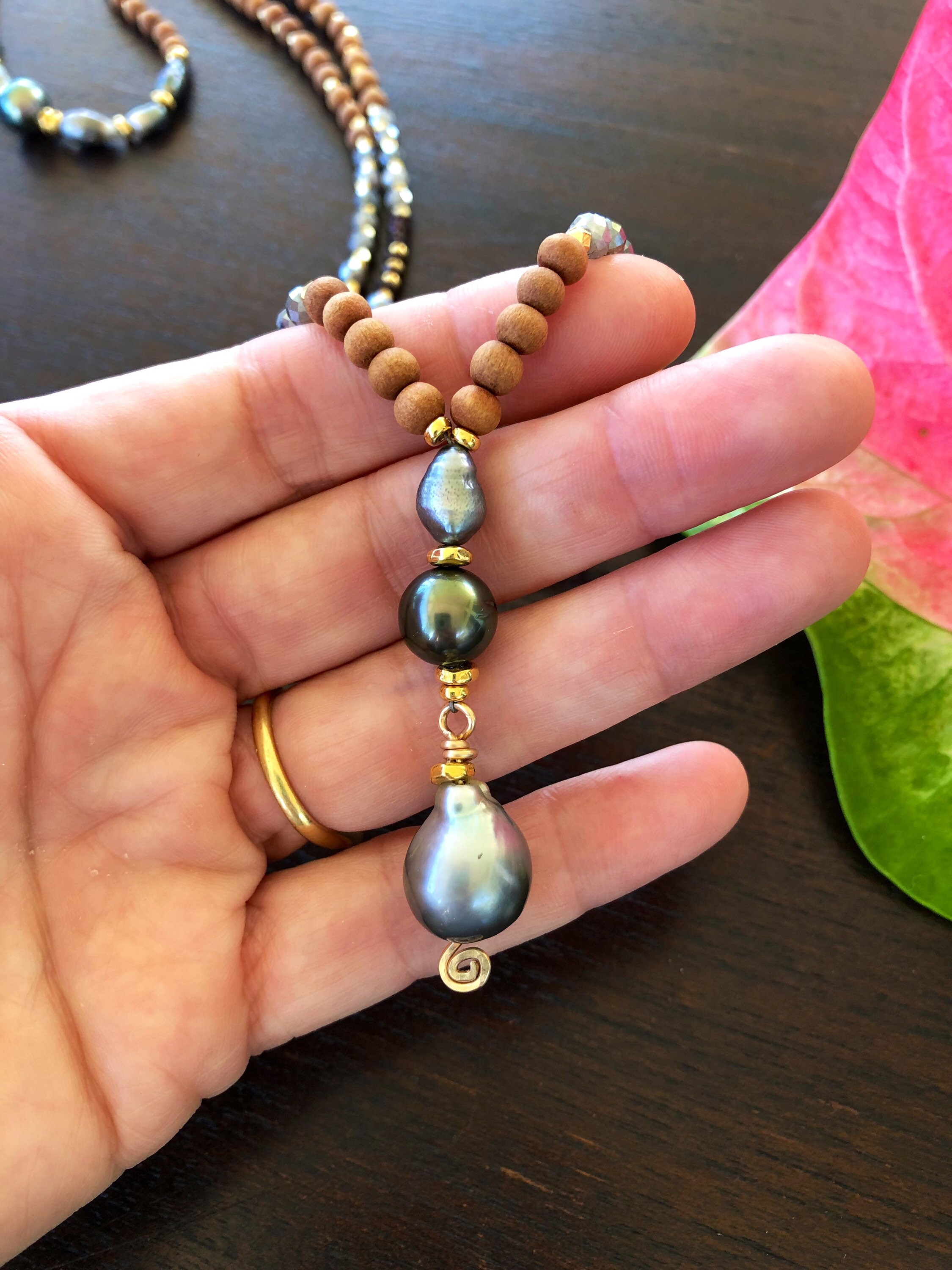 Long Sandalwood Tahitian Pearls, Mystic Labradorite, Garnet and Gold necklace