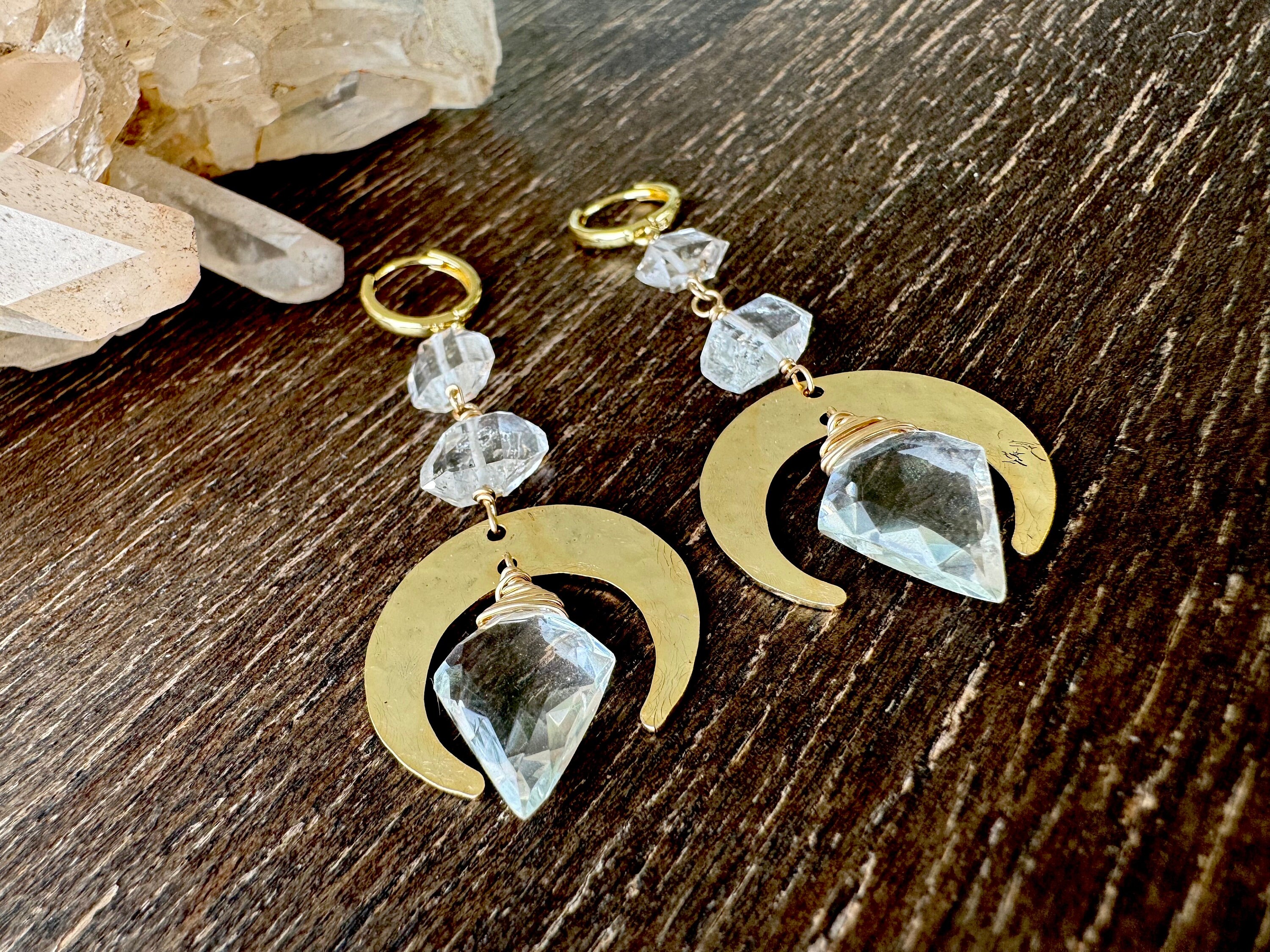 Herkimer Diamond Hammered Crescent Moon Drops