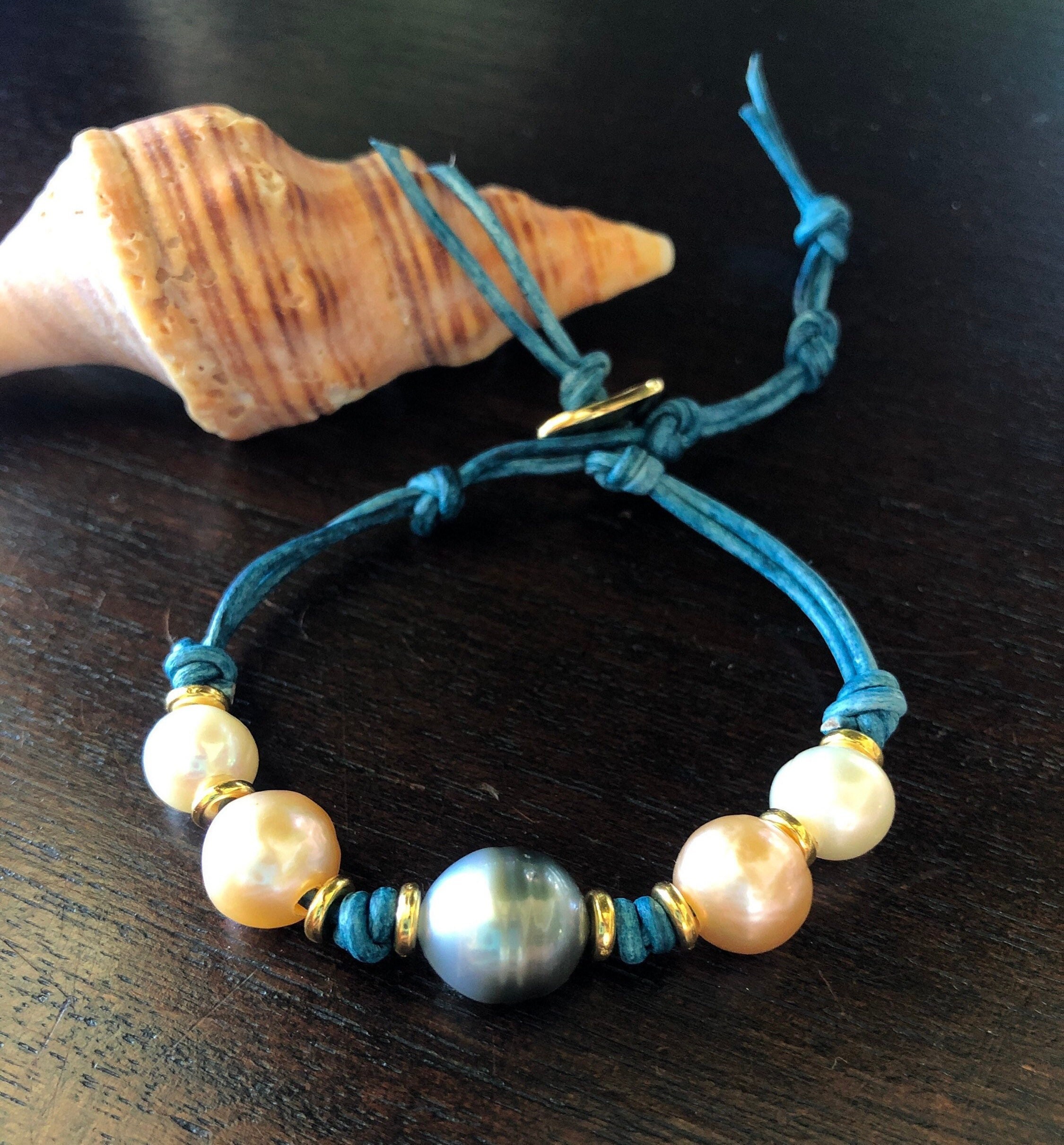 Tahitian and Edison Pearl Knotted Leather Bracelet